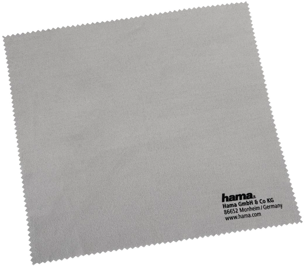 Graues Reinigungstuch mit Hama-Logo und Text in der unteren rechten Ecke.
