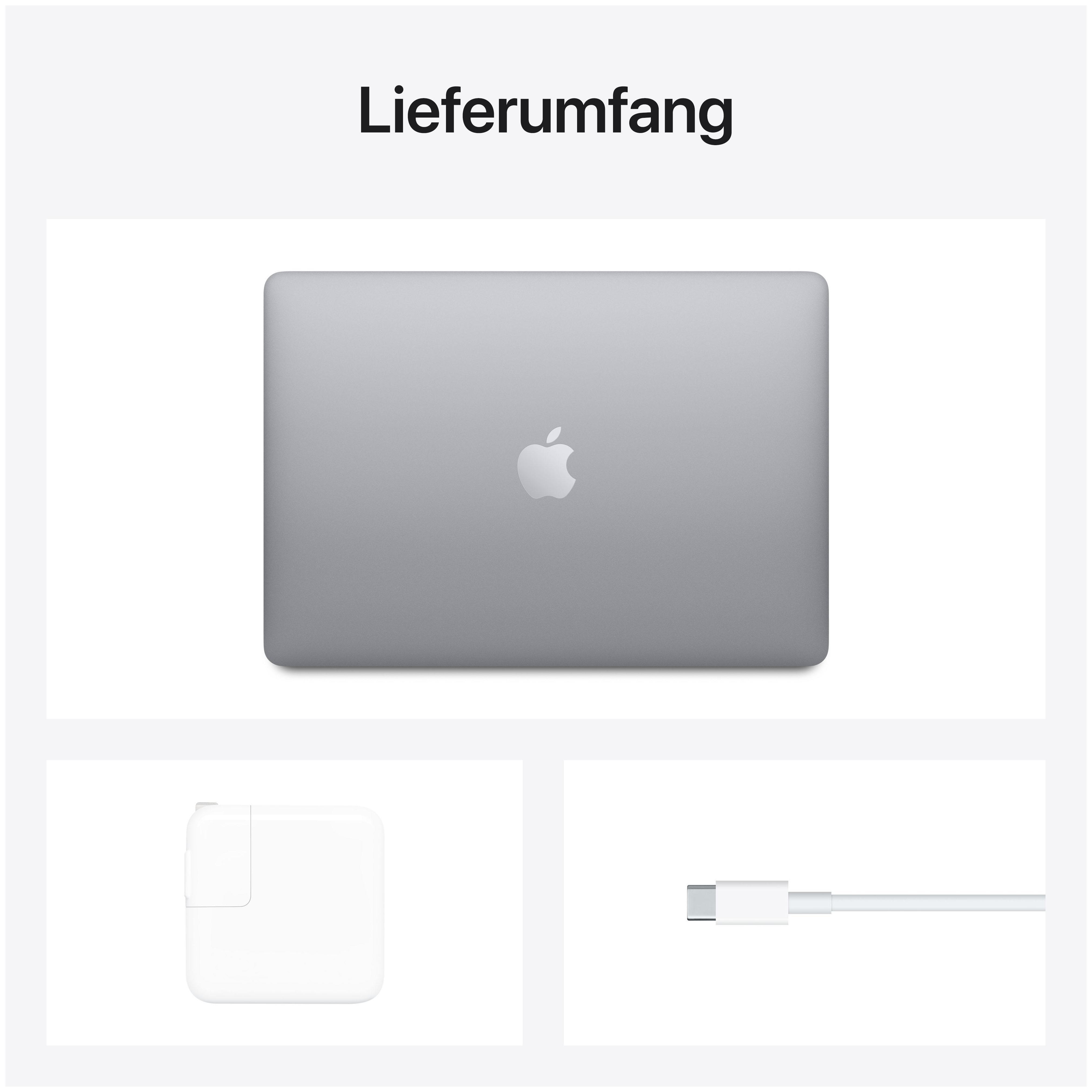 Draufsicht auf graues Laptop, Netzteil und weißes Ladekabel auf weißer Oberfläche.