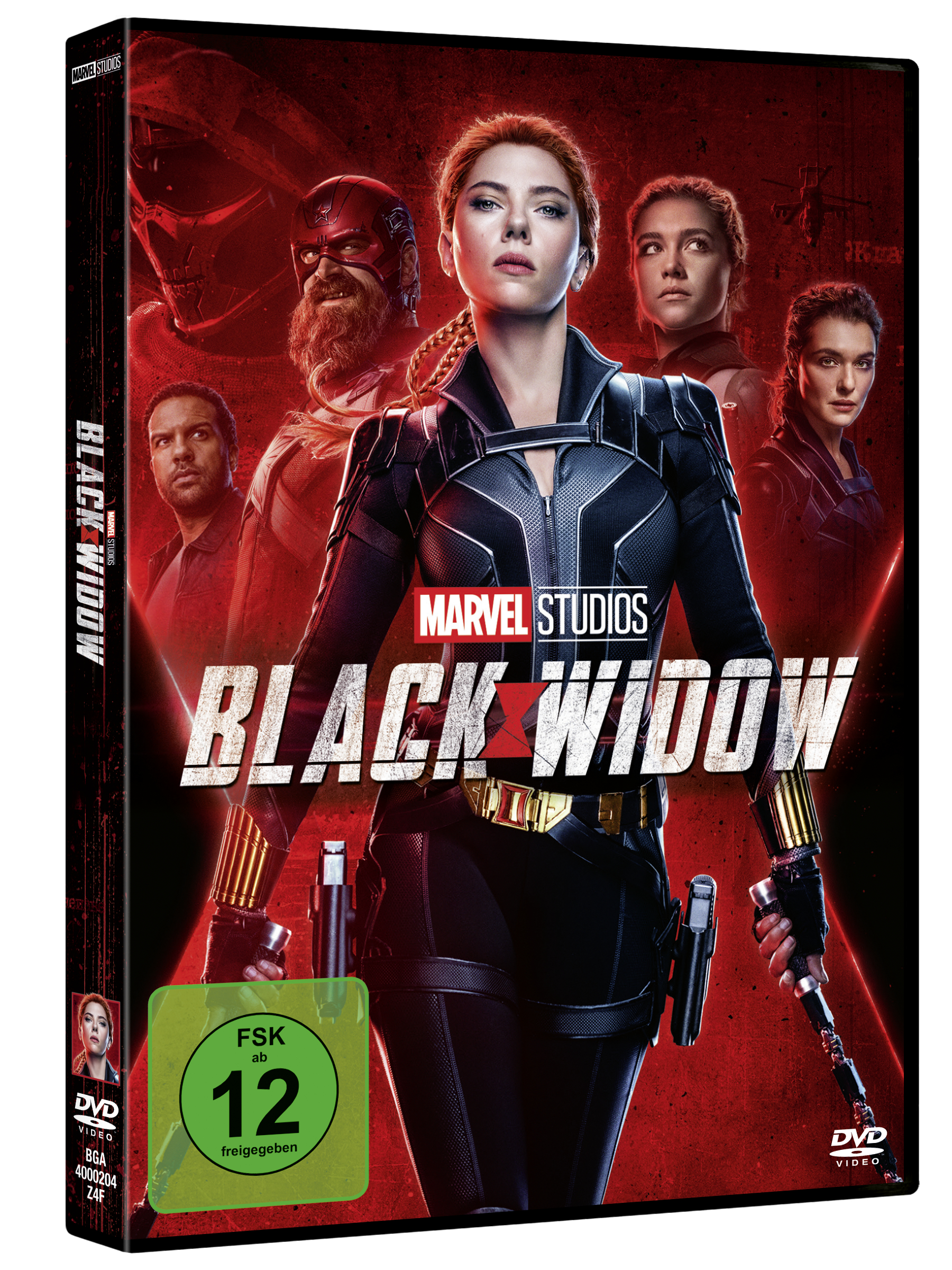 Black Widow DVD-Cover. Scarlett Johansson in Aktion. Andere Charaktere im Hintergrund. Rote und schwarze Farben dominieren.