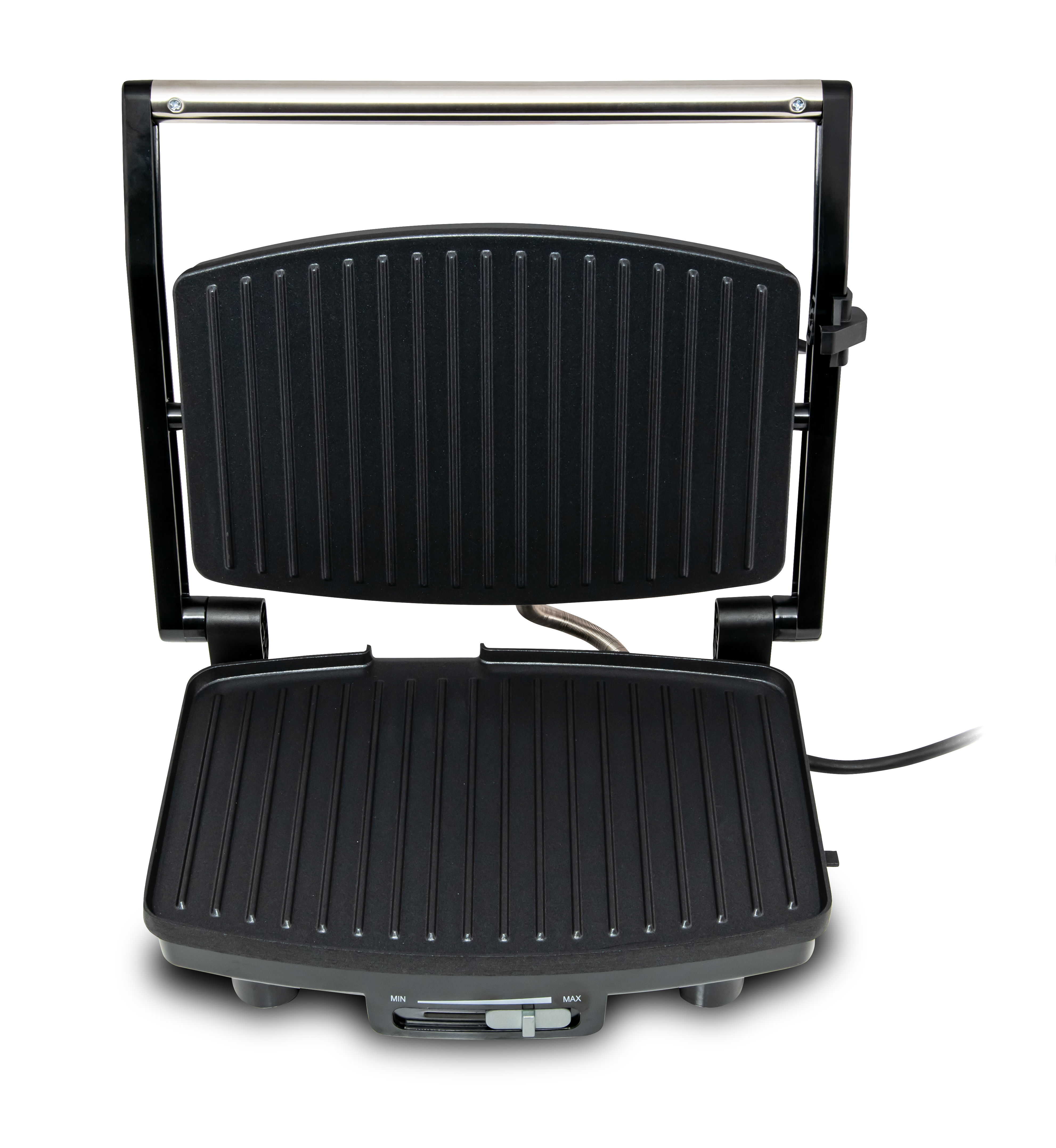 Schwarze Panini-Presse, offen, mit Grillplatten. Bedienelemente unten.