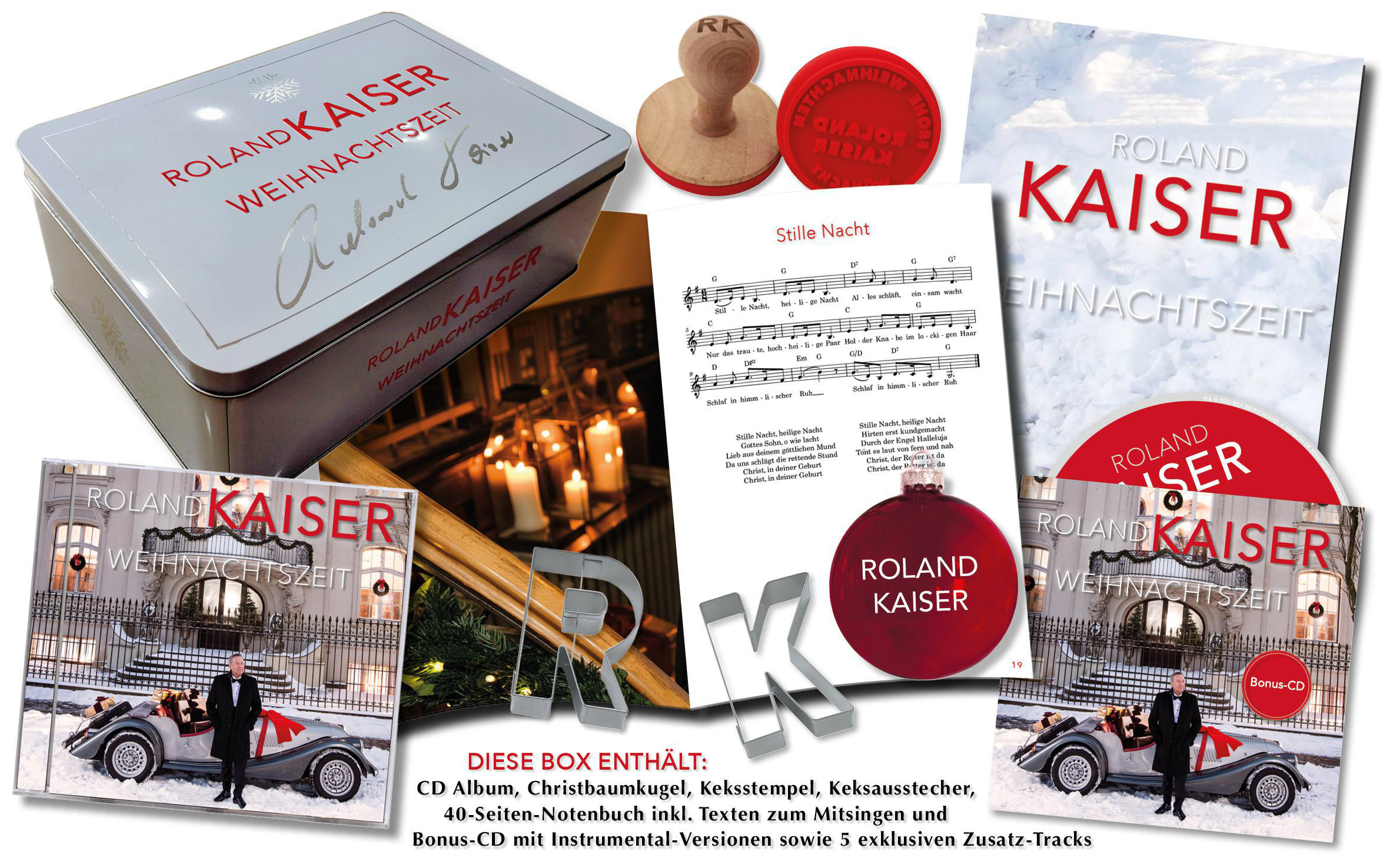 Box-Set mit Weihnachtsthema. Enthält eine Blechdose, Stempel, Noten und ein CD-Album.