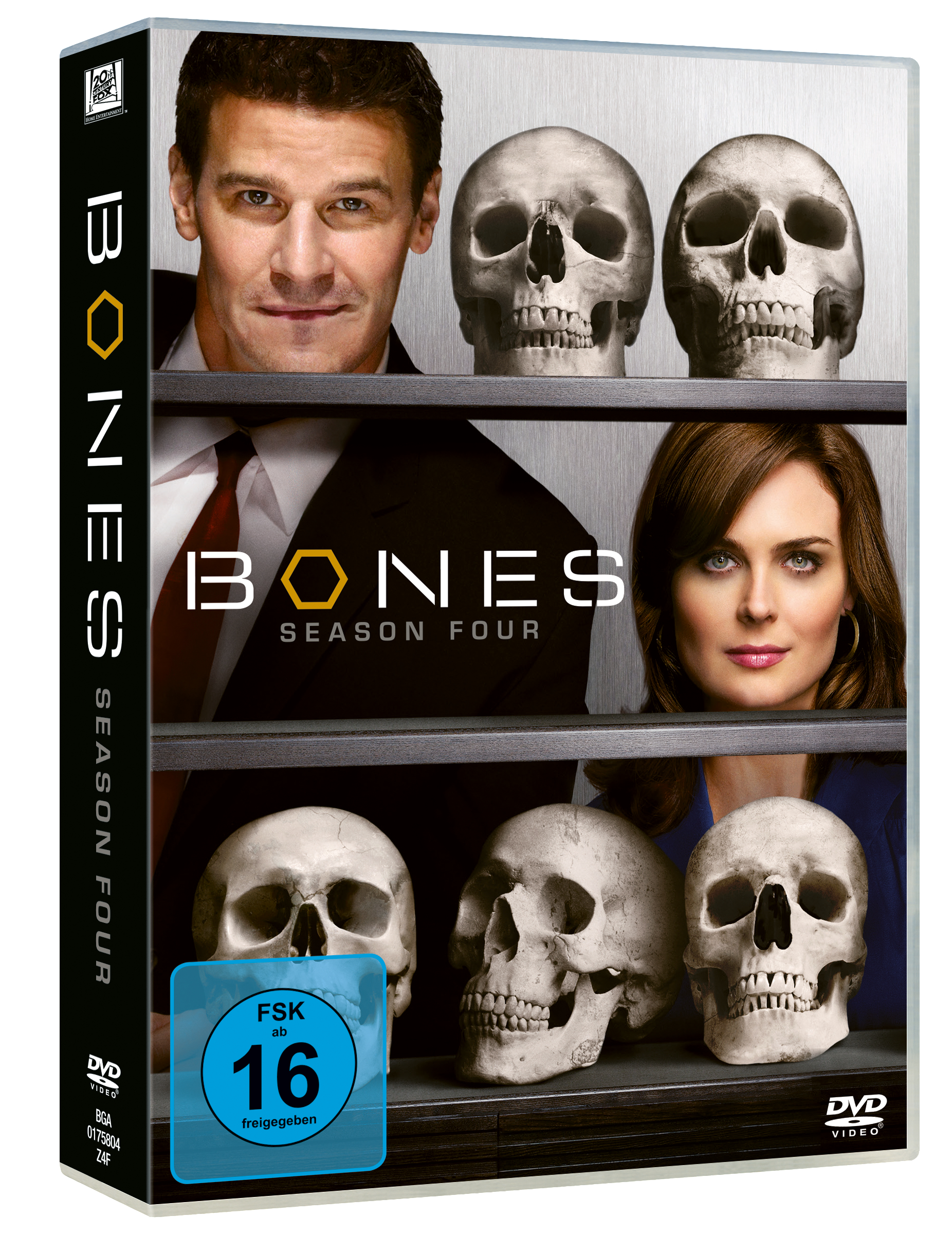 DVD-Hülle für 'Bones' Staffel 4 mit Schauspielern und Totenköpfen.