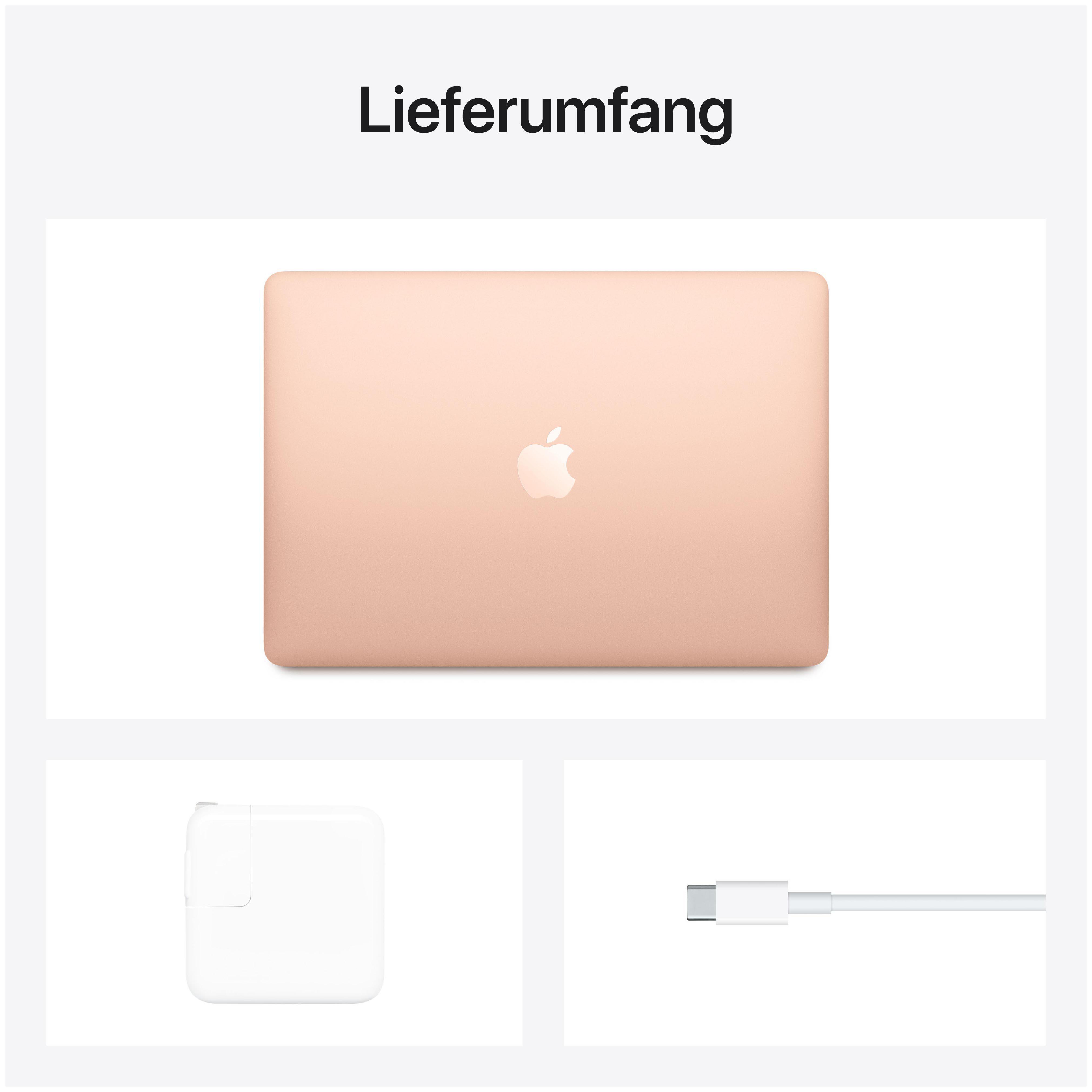 Draufsicht auf einen roségoldenen Laptop, Ladegerät und Ladekabel, mit dem Text 'Lieferumfang'.