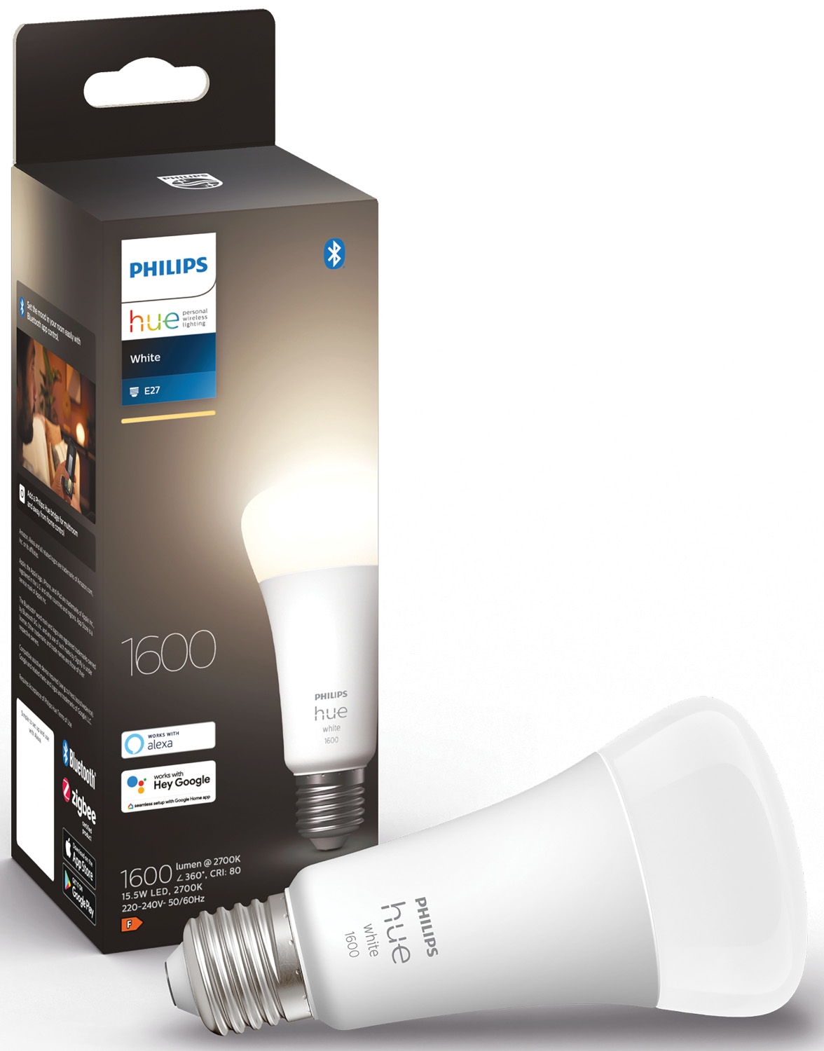White Philips Hue smart bulb with box. One bulb is out. Text on the box includes 'White' and '1600'.