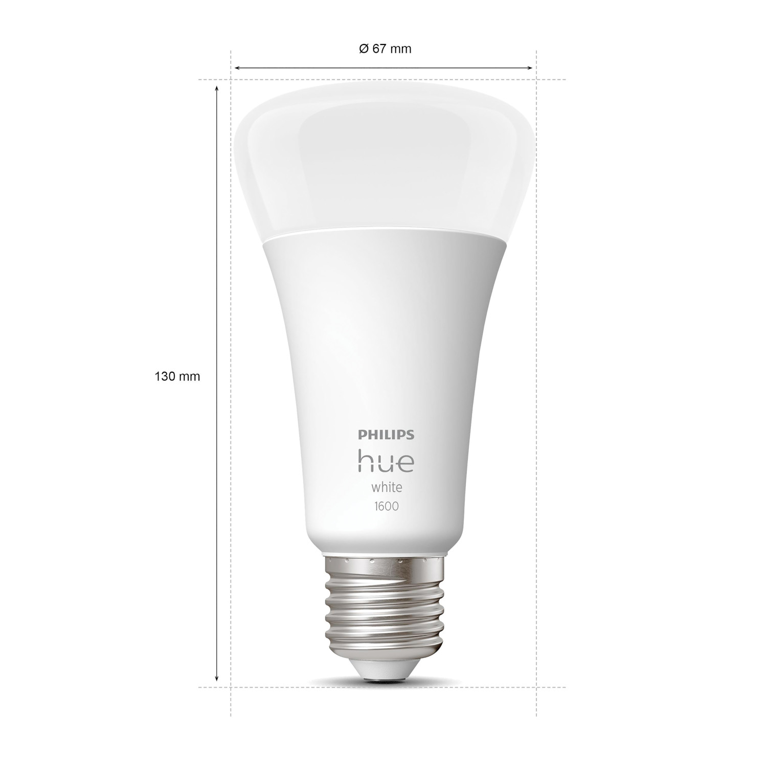 White Philips Hue smart bulb. It has dimensions noted with arrows. White background.