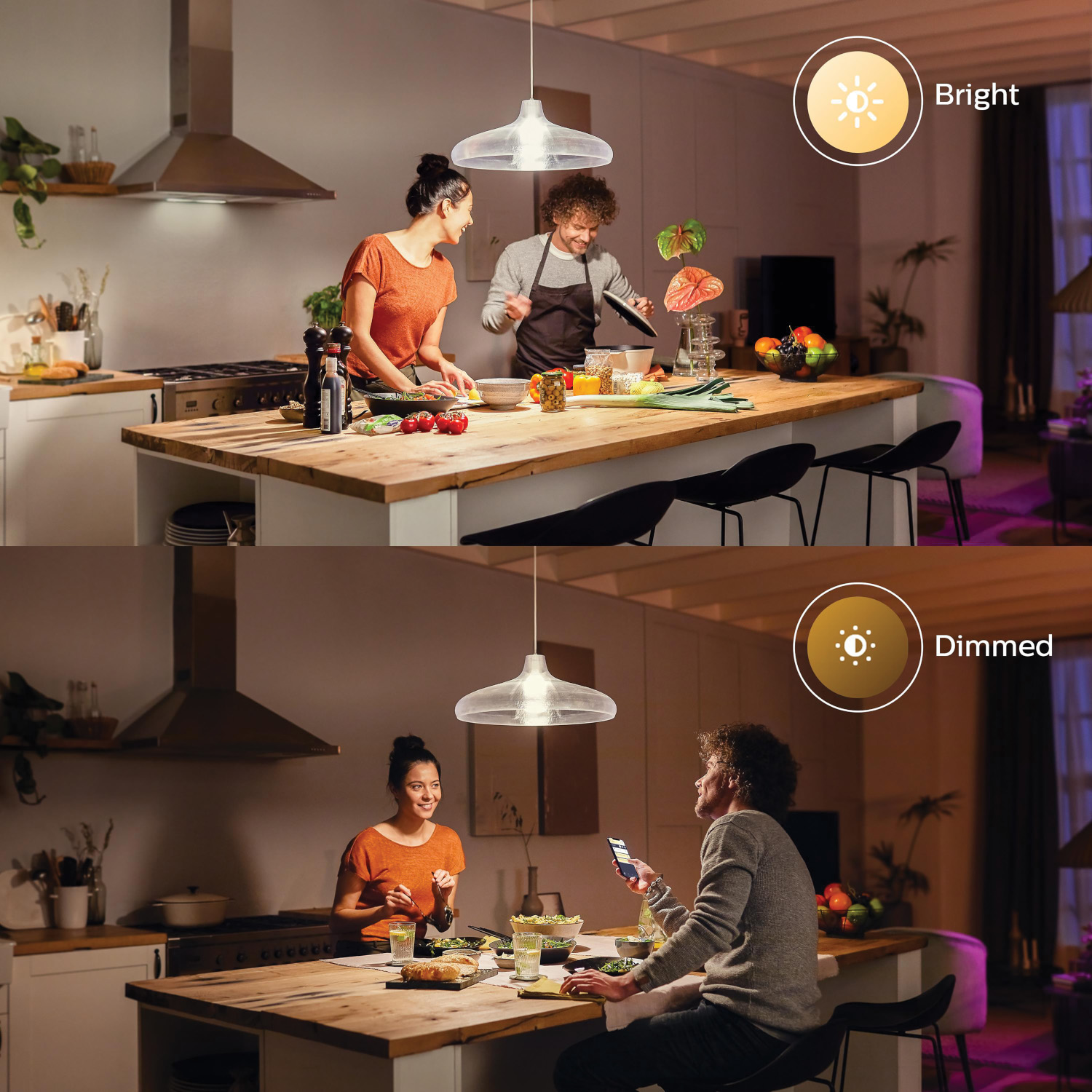 A kitchen lit brightly, then dimmed. Two people are cooking, and another is on the phone.