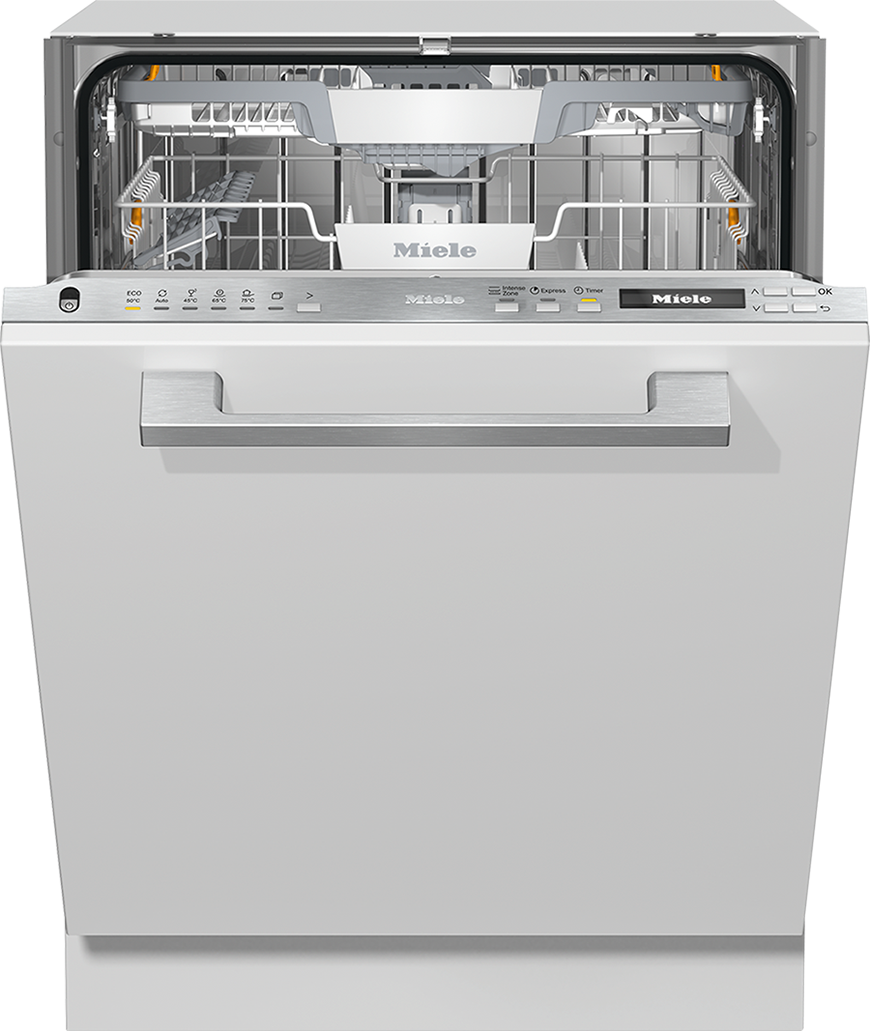 Witte Miele vaatwasser met open deur, met de binnenrekken en bedieningselementen aan de bovenkant.