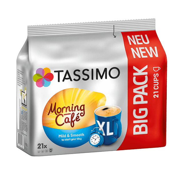 Eine Tassimo Morning Café Kapselpackung mit den Worten „NEU“ und „BIG PACK“ darauf.