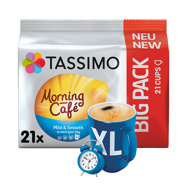 Tassimo Morning Cafe Kaffeepads, eine blaue XL-Tasse und ein Wecker auf weiß-rotem Hintergrund.