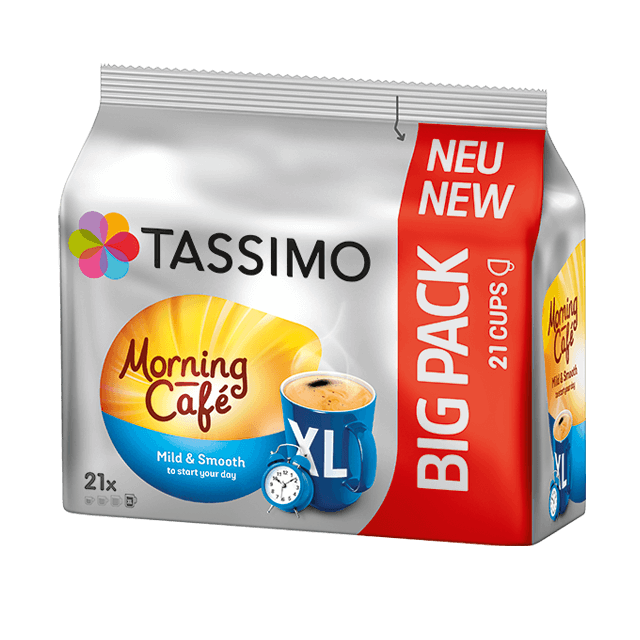 Tassimo Morning Cafe Kaffeepads in einer Packung. Die Packung ist silber und rot.