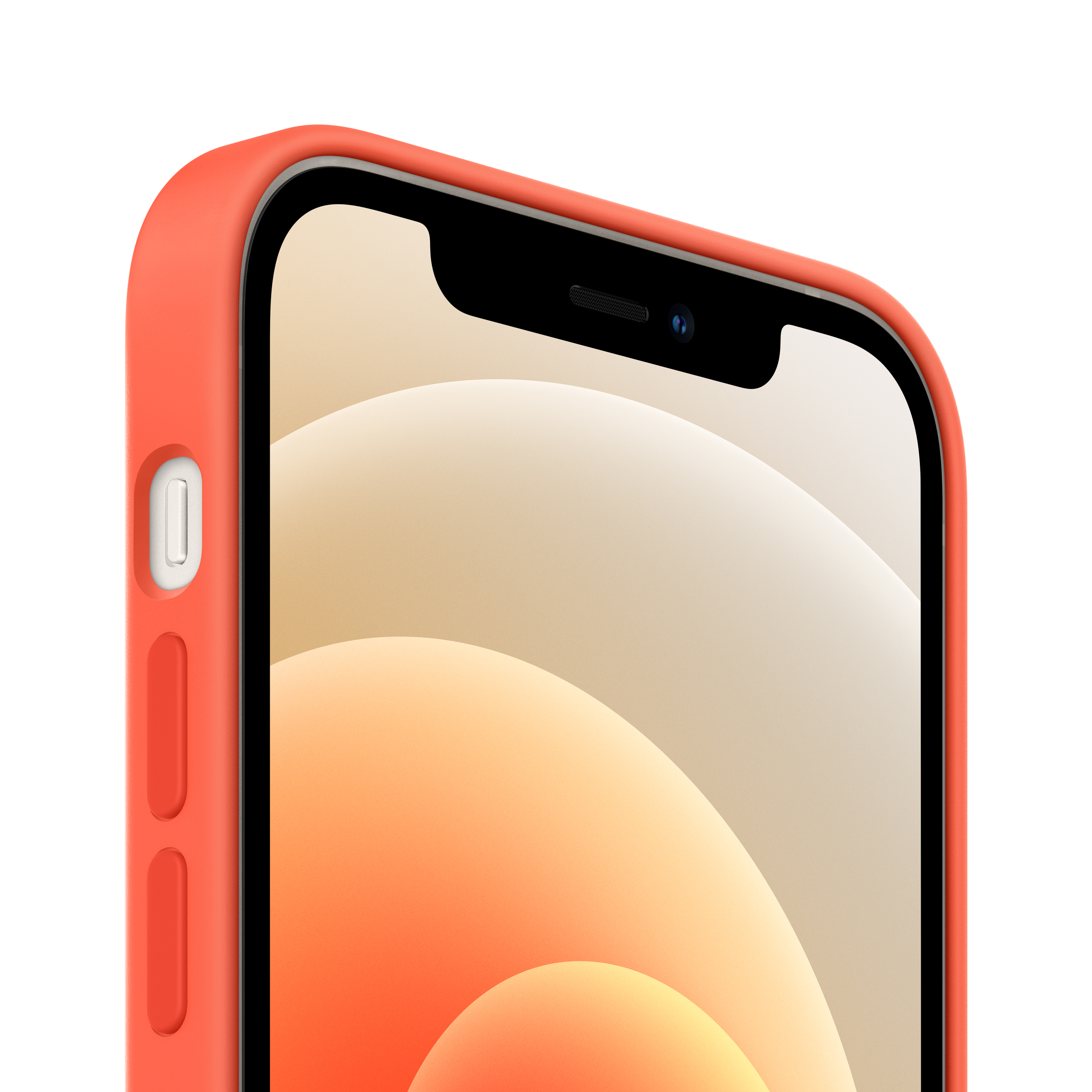 Primer plano de una funda de teléfono naranja con pantalla negra y recorte de cámara.