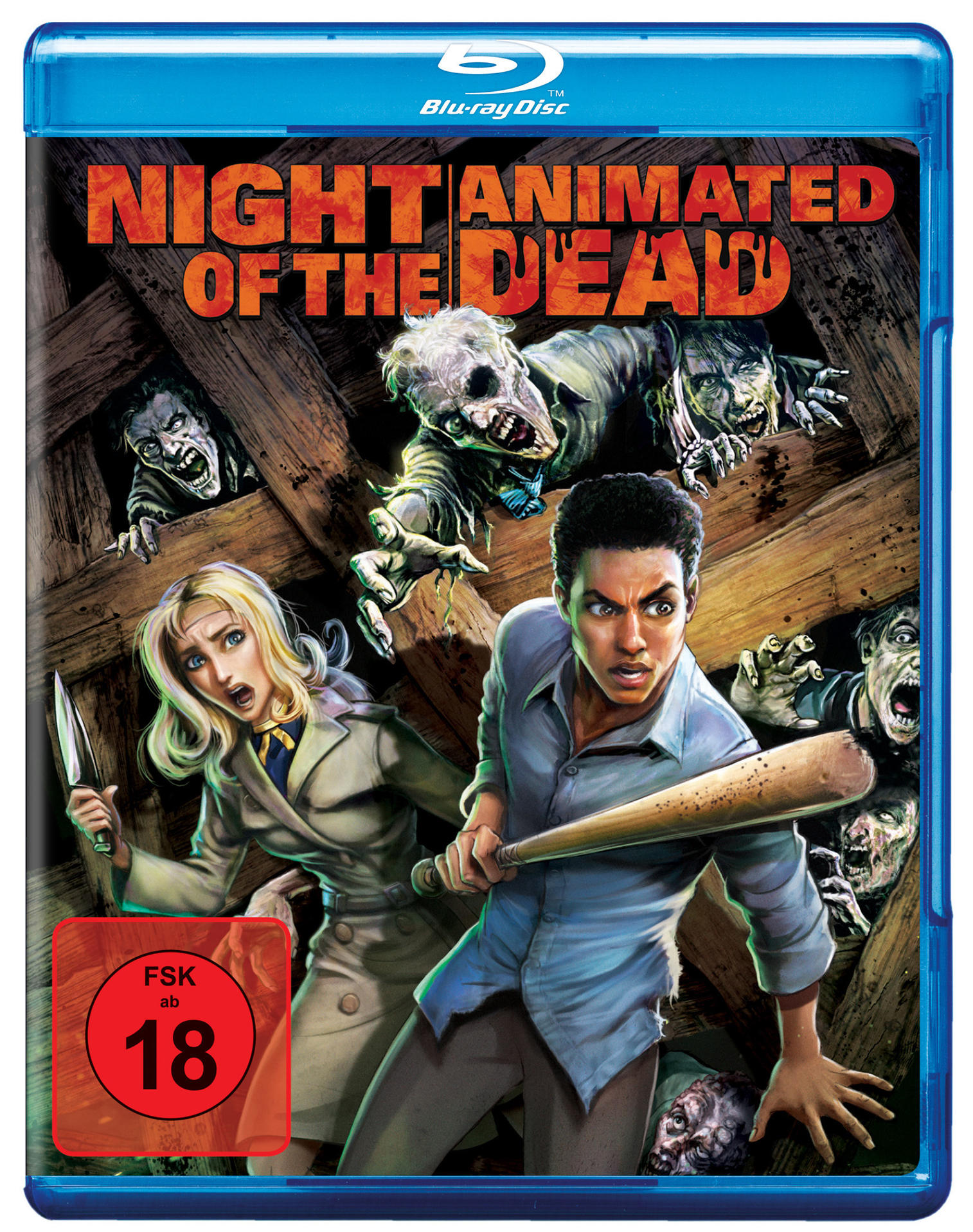 Blu-ray-Cover von 'Night of the Animated Dead'. Zeigt Zombies und Menschen. Dunkles Horror-Thema.