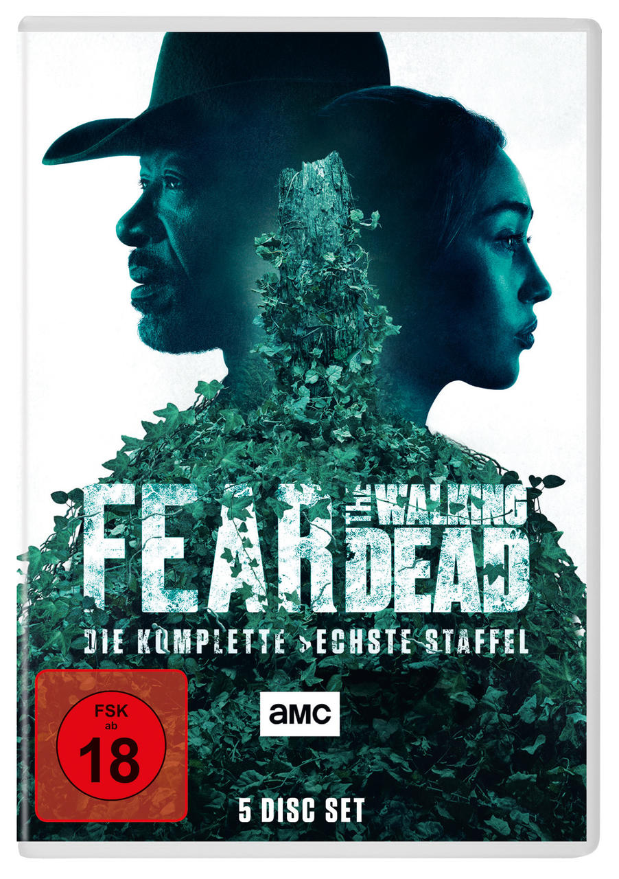 Fear the Walking Dead DVD-Cover. Zwei Gesichter, grüne Blätter und der Text.