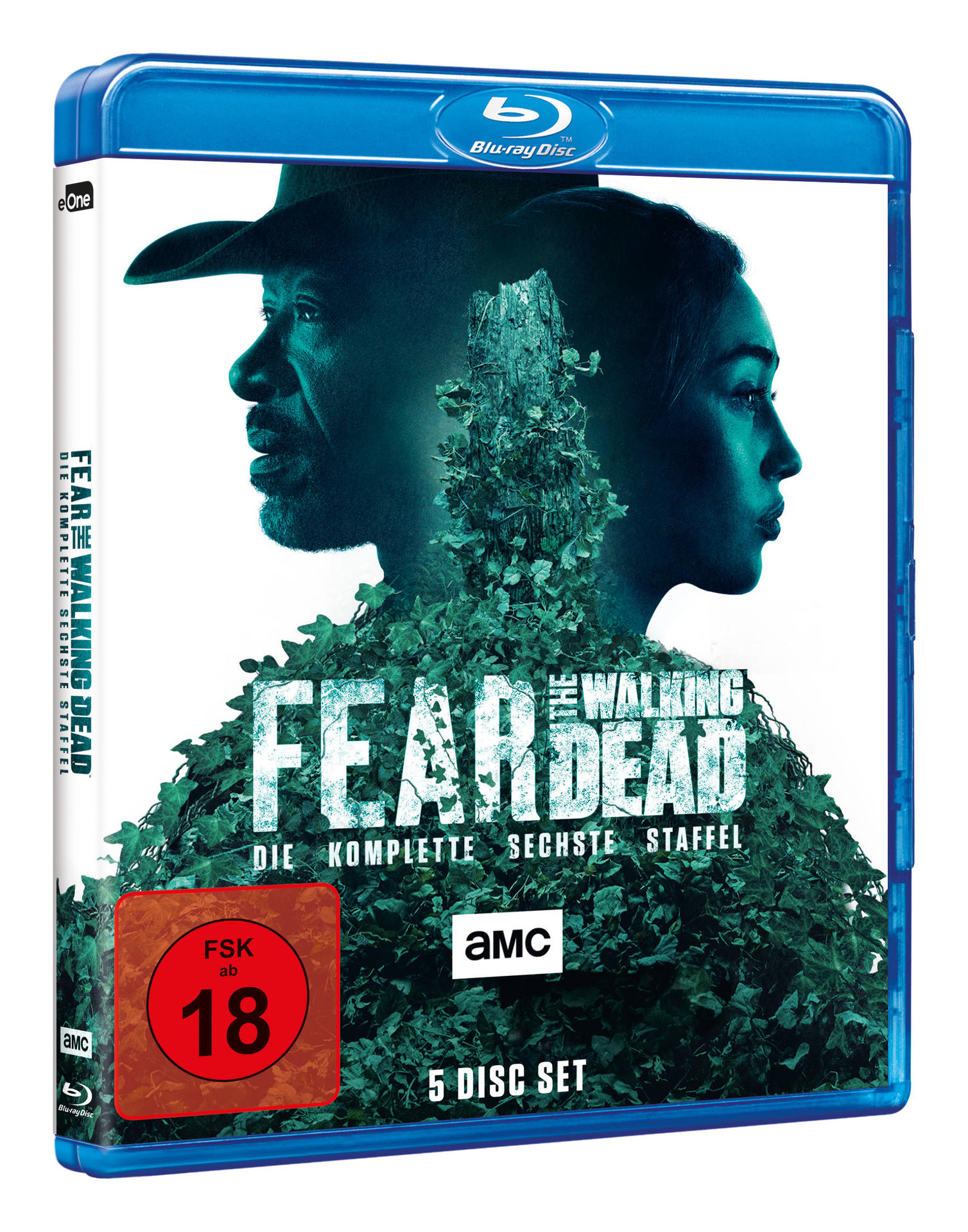 Blu-ray-Disc-Box von Fear the Walking Dead. Sie zeigt zwei Personen und einen grünen, blattreichen Hintergrund.