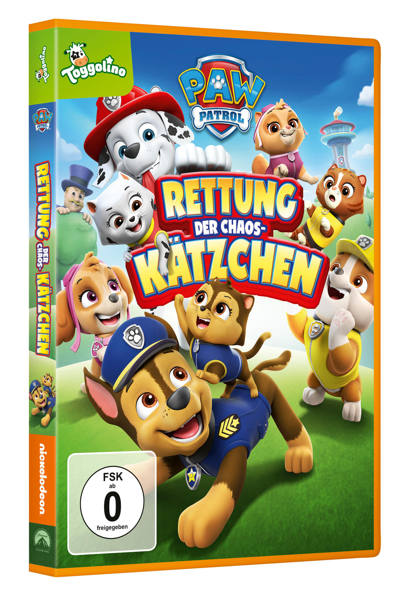 DVD-Cover des Paw Patrol Films 'Rettung der Chaos-Kätzchen' mit Zeichentrickfiguren.