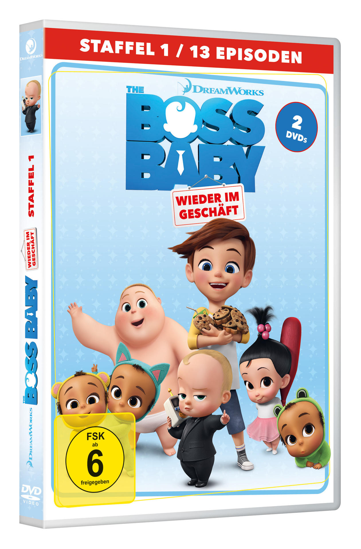 DVD-Cover des Films The Boss Baby, mit Figuren im Cartoon-Stil.