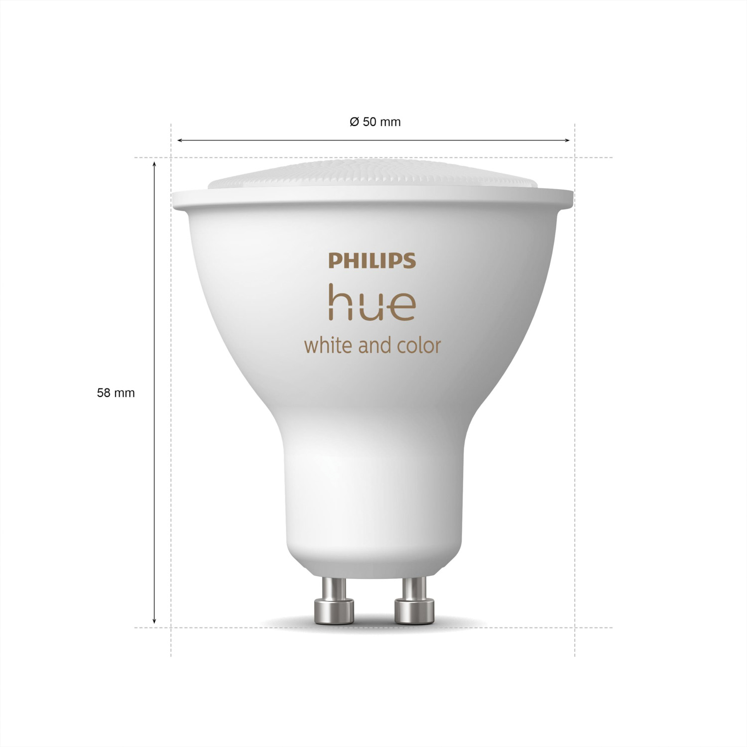 Ampoule spot intelligente Philips Hue blanche, avec dimensions. Nom du produit et marque imprimés.