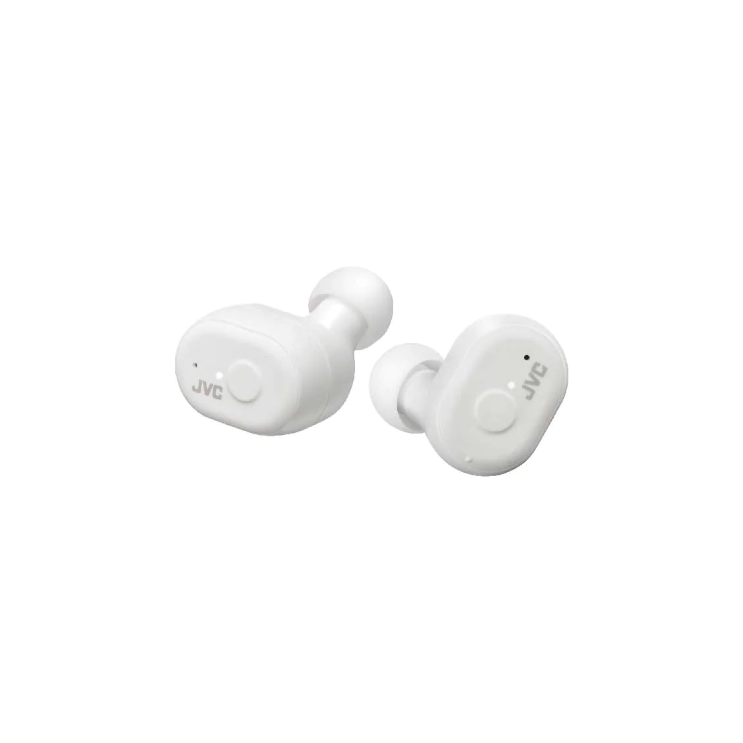 Dos auriculares inalámbricos JVC blancos, vistos desde arriba sobre un fondo blanco.