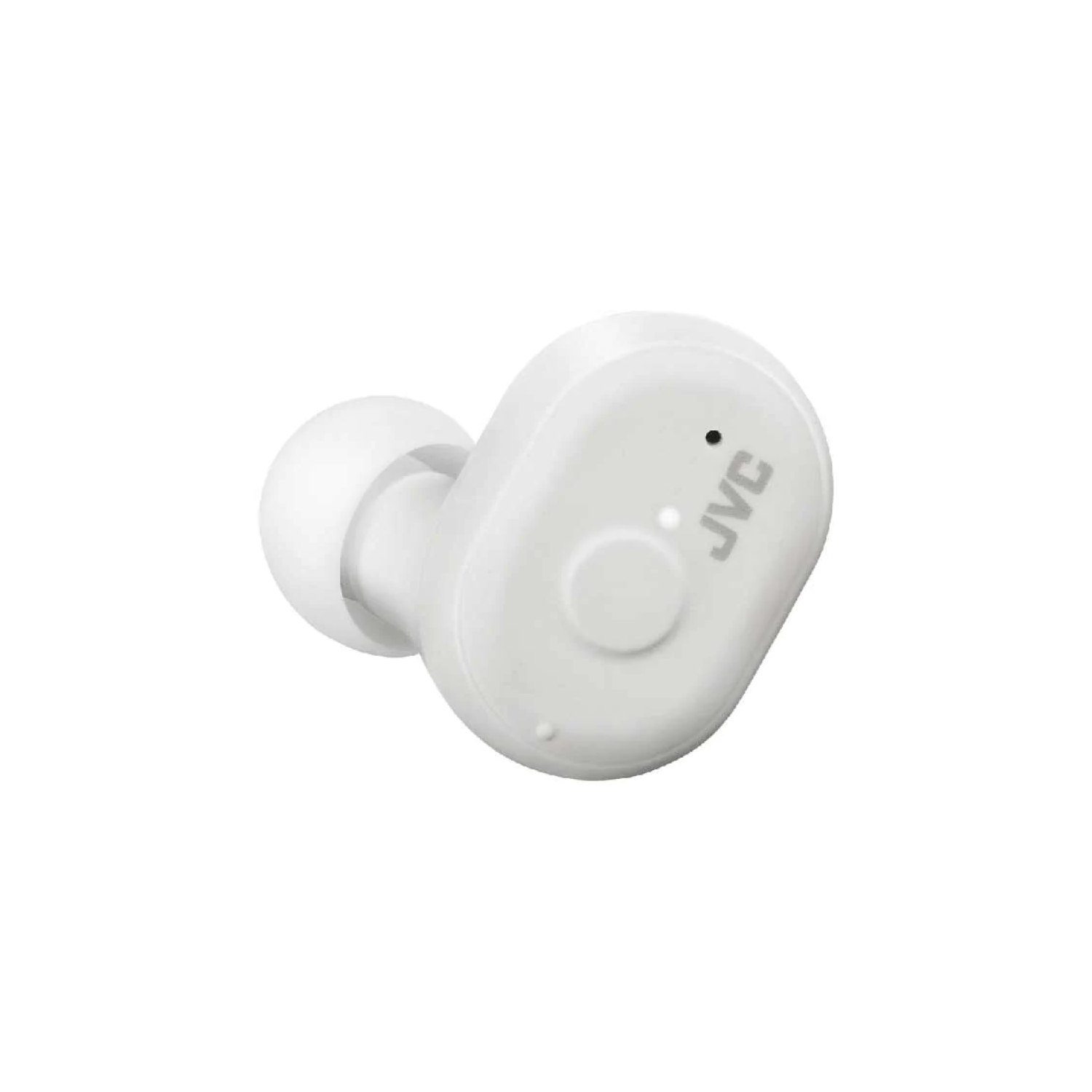 Primer plano de un auricular inalámbrico JVC blanco.
