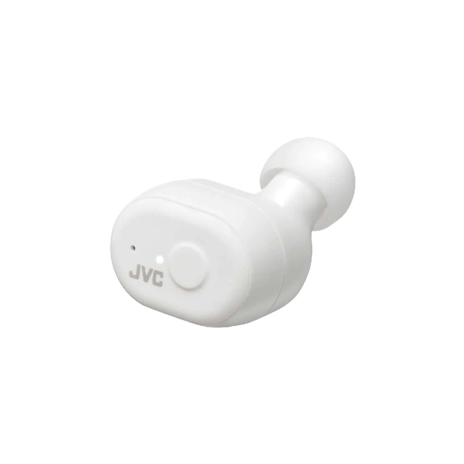 Auricular inalámbrico JVC blanco. El auricular está inclinado, mostrando el logotipo de JVC.