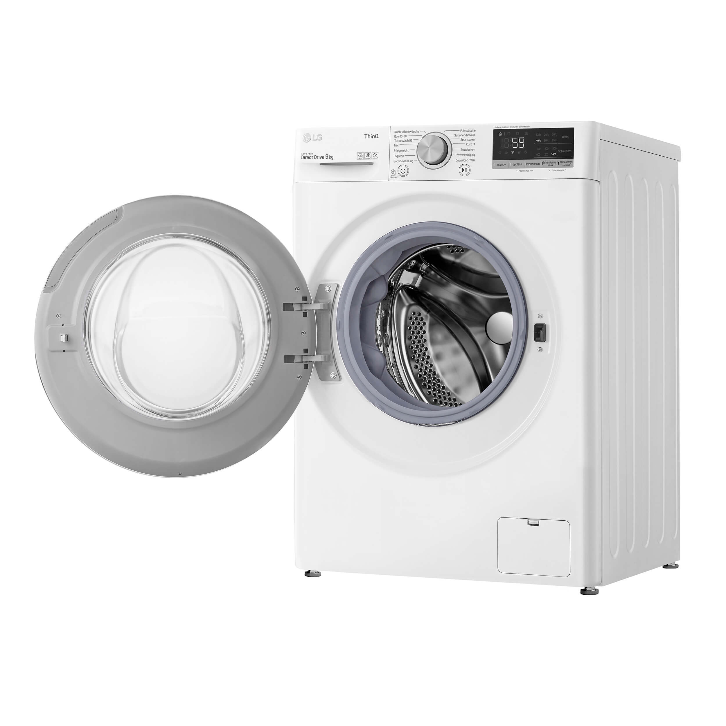 Weiße Waschmaschine mit offener Tür. Grauer Türrahmen, Trommel sichtbar. Weißes Gehäuse und Bedienelemente.