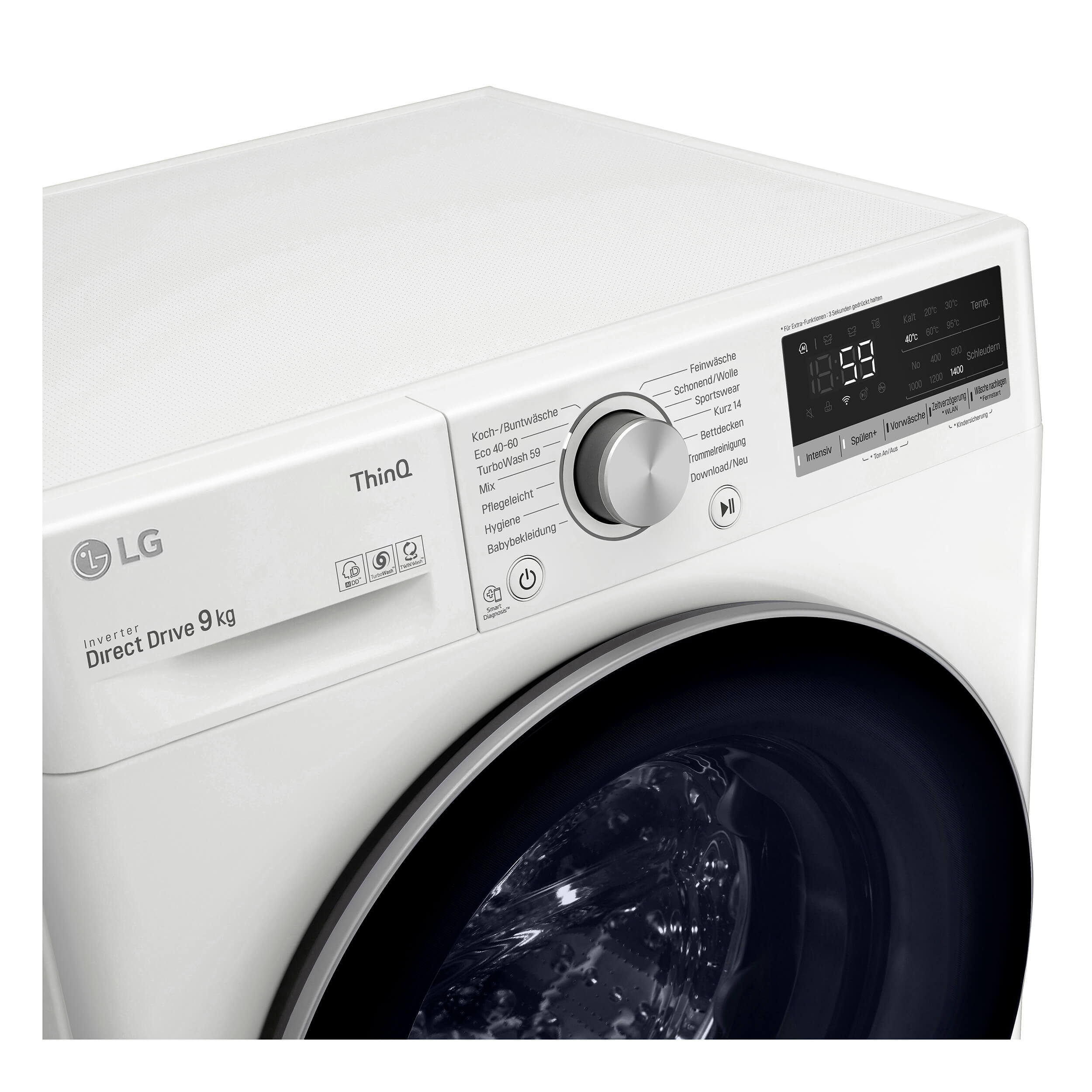 Weiße LG Waschmaschine mit Digitalanzeige und Bedienfeld.
