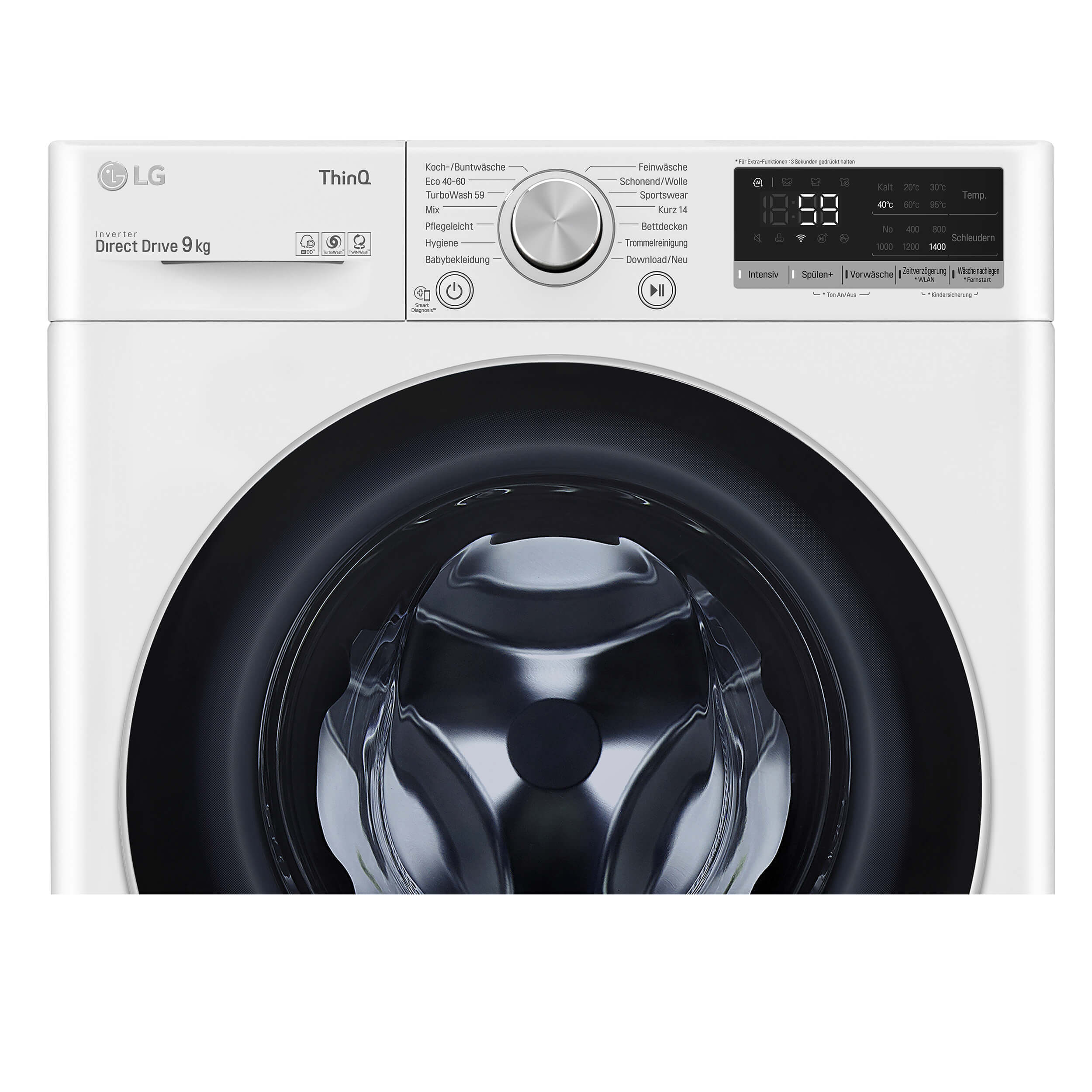 Weiße LG Waschmaschine mit schwarzer Tür und Bedienfeld oben.