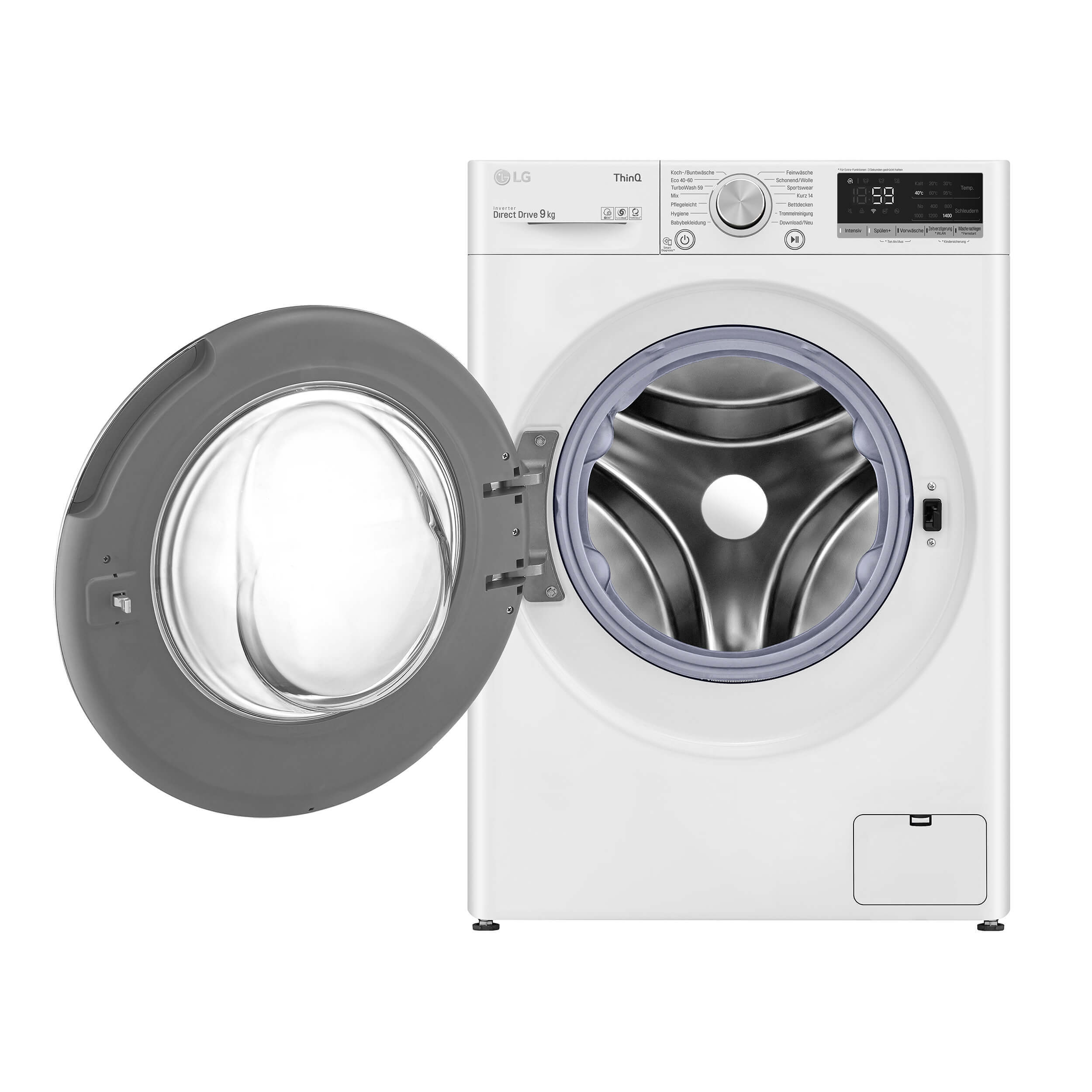 Weiße LG Waschmaschine mit geöffneter Tür. Grauer Türrahmen. Weißer Hintergrund.