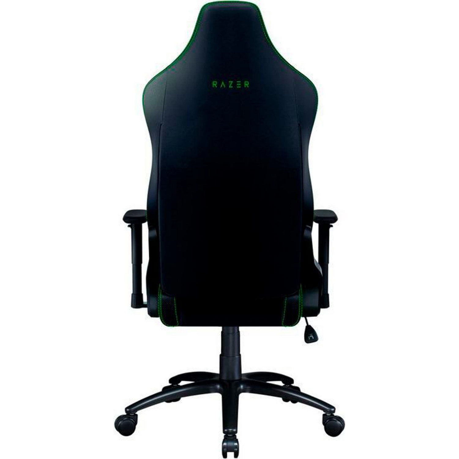 Silla gamer negra, marca Razer, con costuras verdes y logotipo.