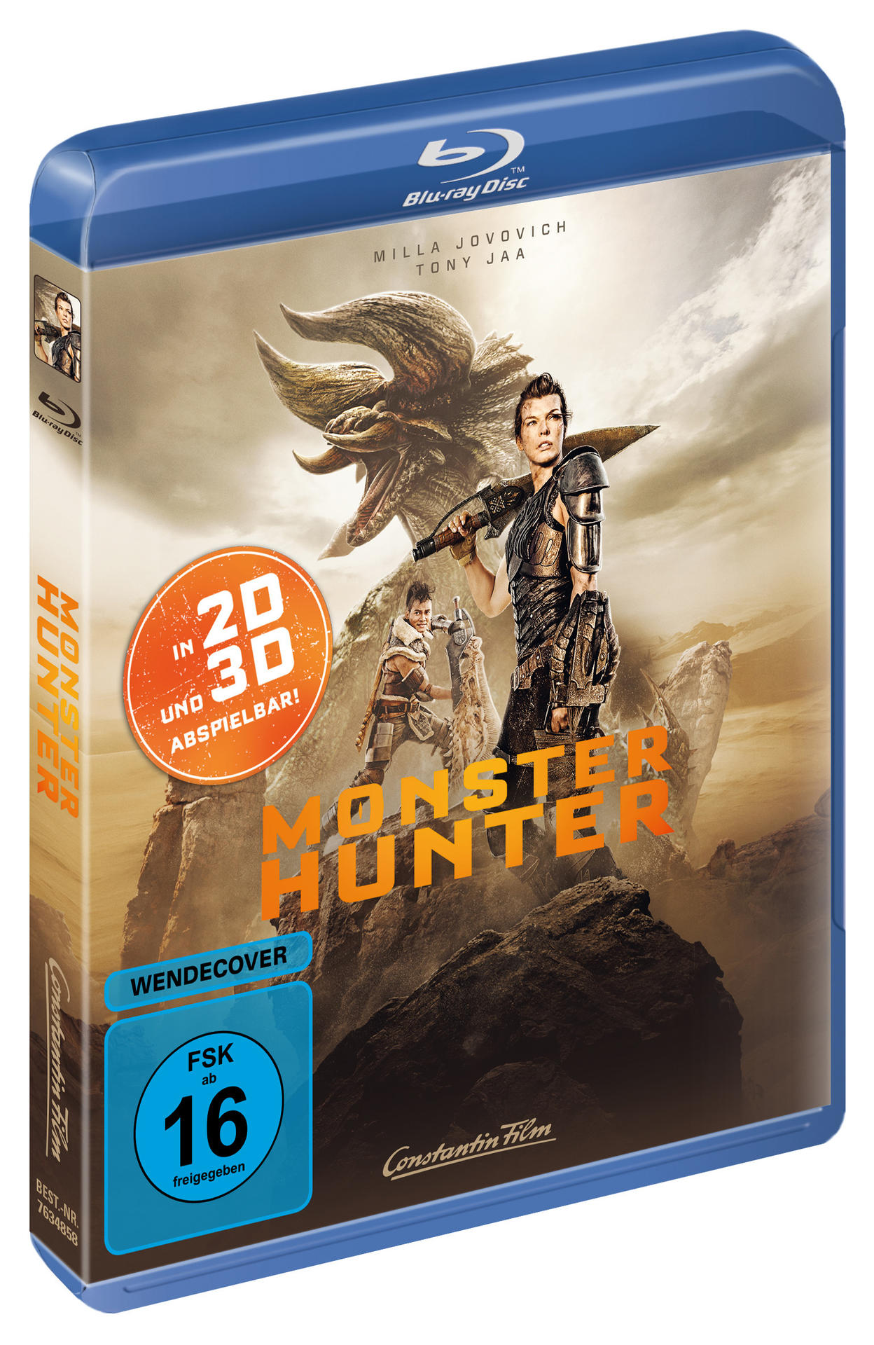 Blu-ray-Cover von 'Monster Hunter', mit einer Frau mit Waffe, einem Monster und einem Logo.