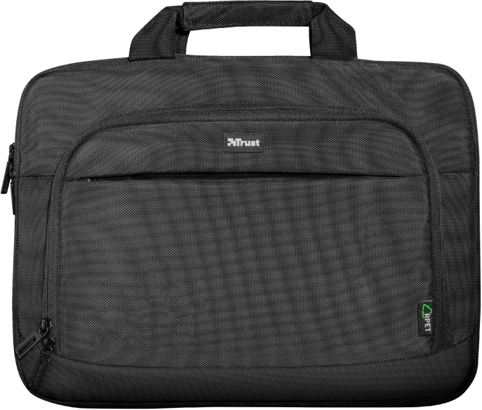 Fekete laptop táska fogantyúval és kis elülső zsebbel.