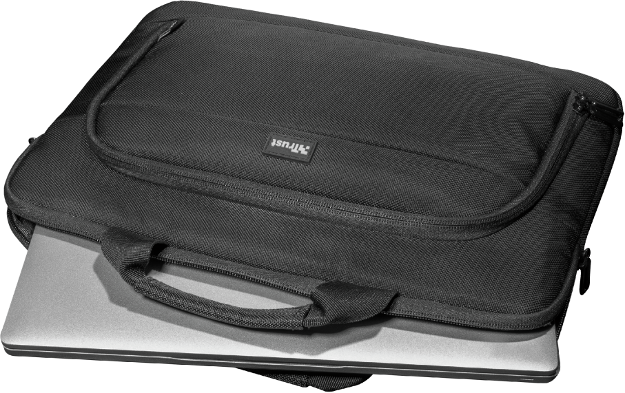 Egy fekete laptop táska, benne egy laptop.