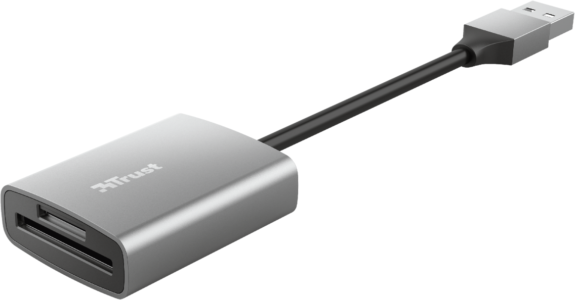 Ezüst kártyaolvasó USB csatlakozóval, a 'Trust' márkanévvel.