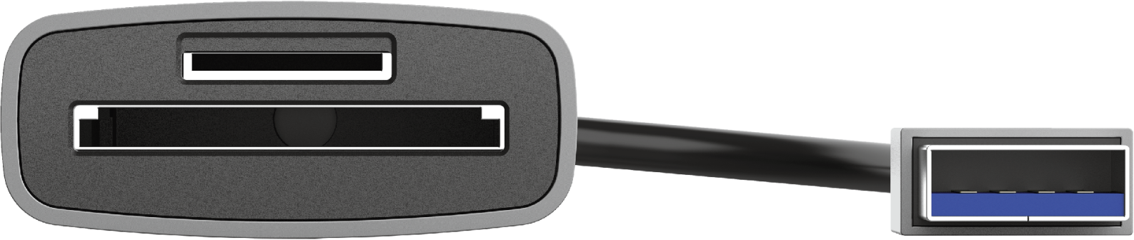 USB-C adapter kártyaolvasóval. Közelkép. Szürke és fekete.