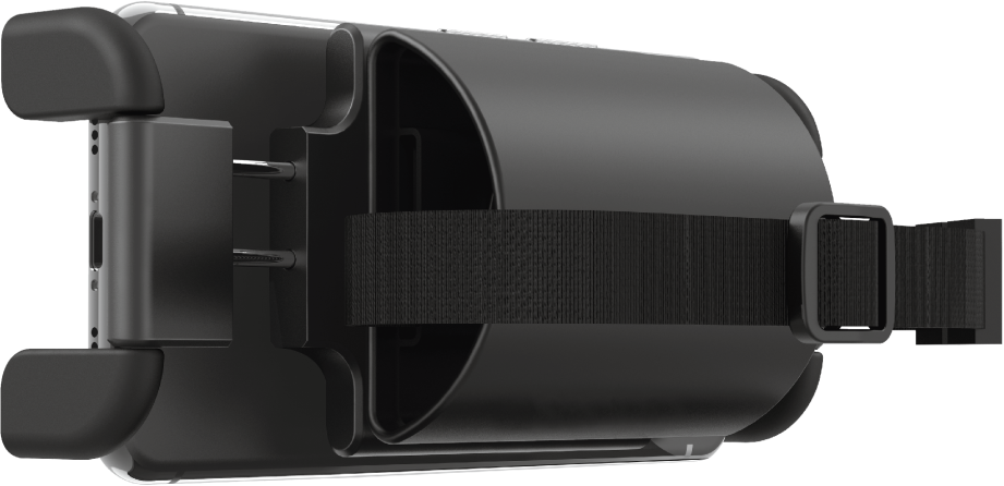 Egy fekete VR headset. A headset fejpánttal rendelkezik a fejre rögzítéshez.