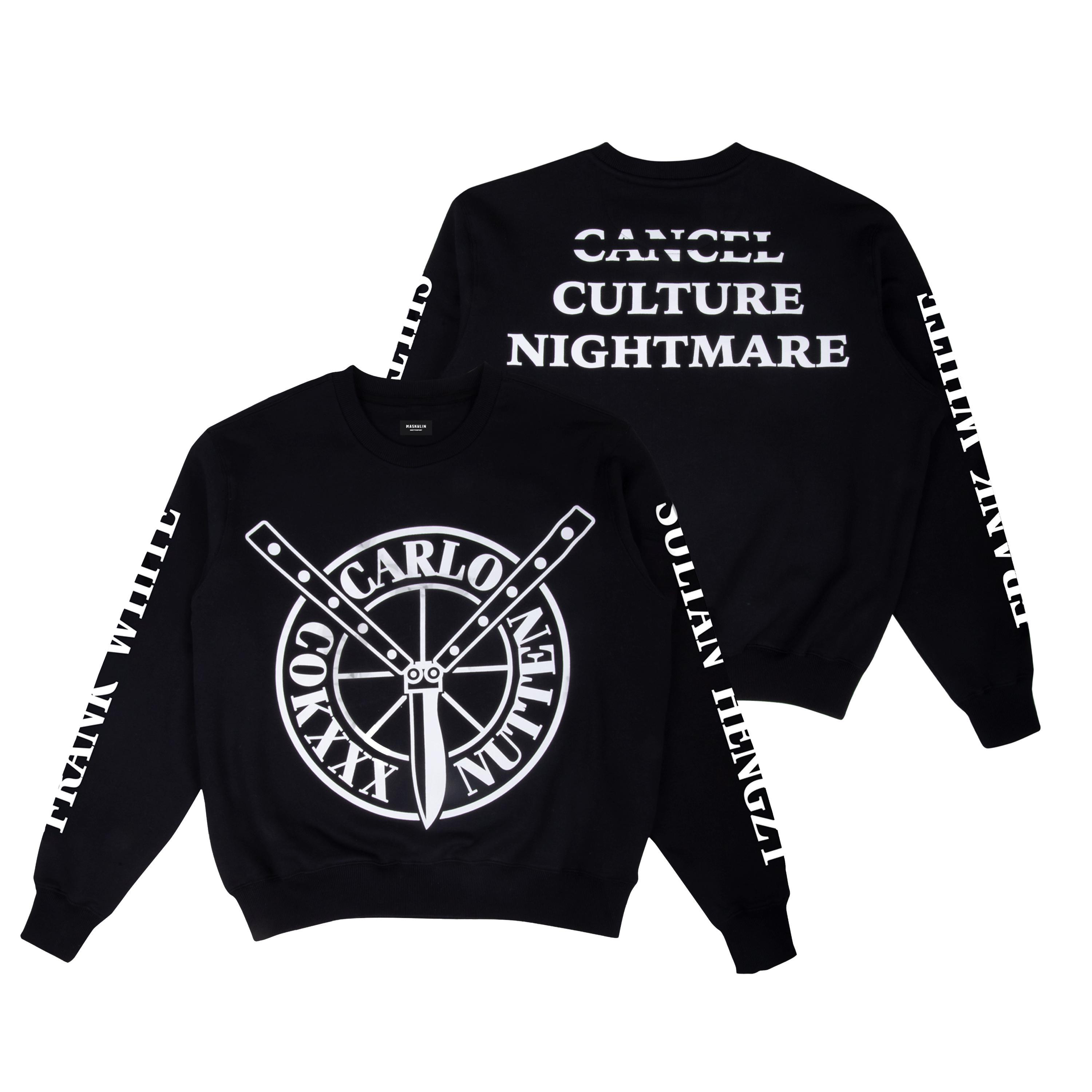 Schwarzes Sweatshirt mit weißem Text: CANCEL CULTURE NIGHTMARE. Eine Messer-Grafik befindet sich in der Mitte.