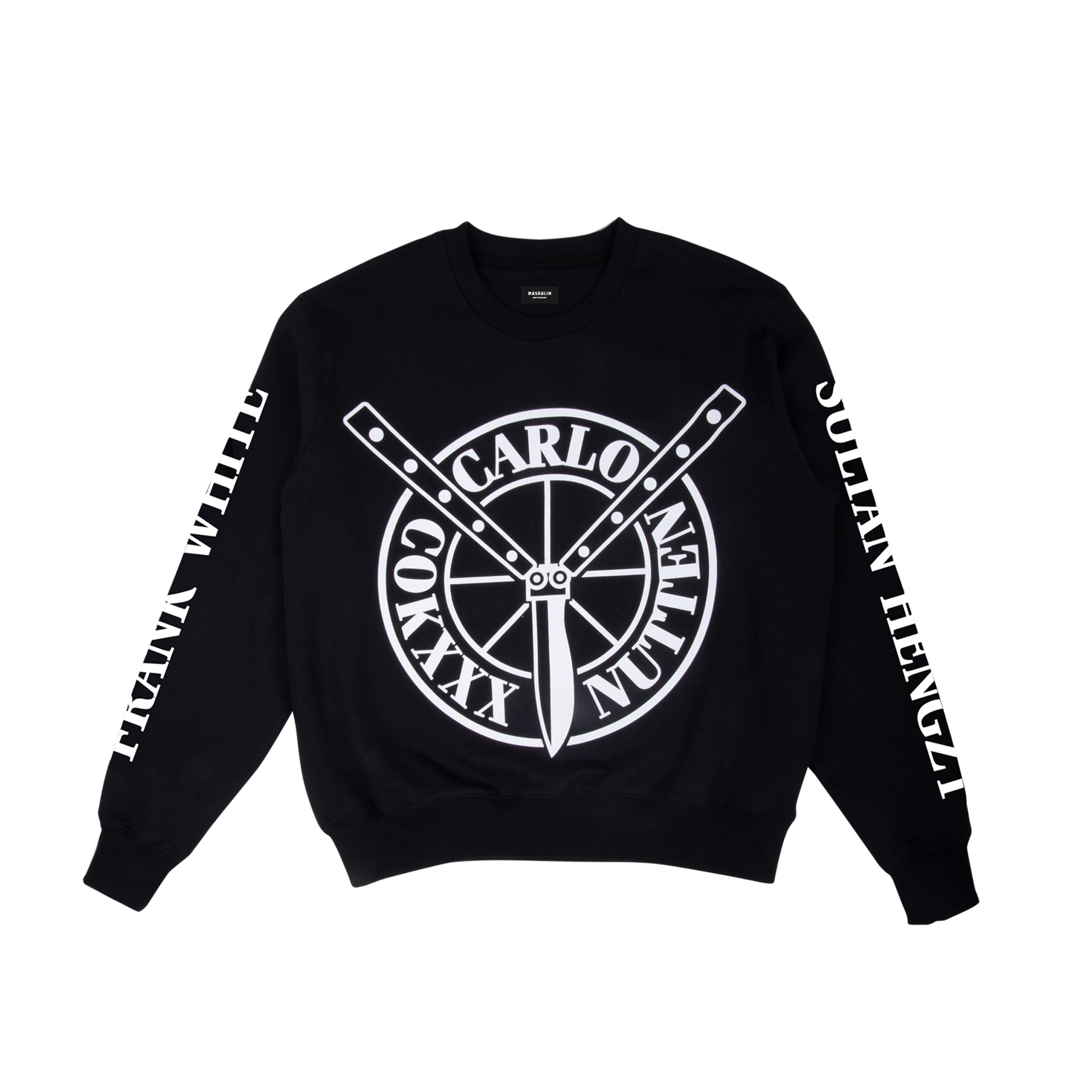 Schwarzes Sweatshirt mit weißem Design, das ein Messer und Text auf Ärmeln und Brust zeigt.