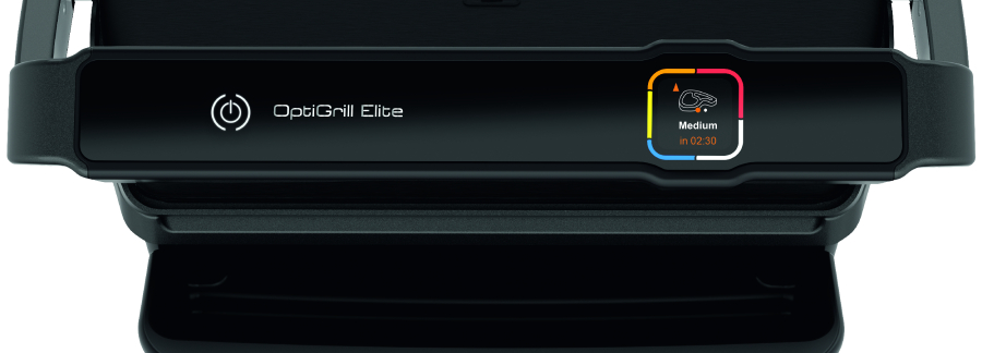 Közelkép a fekete OptiGrill Elite vezérlőpanelről a beállított beállításokkal.