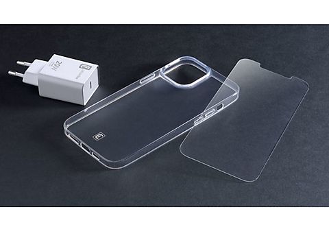 Funda + Protector pantalla - CellularLine Starter Kit, Para iPhone 12, iPhone 12 Pro, Transparente + Cargador