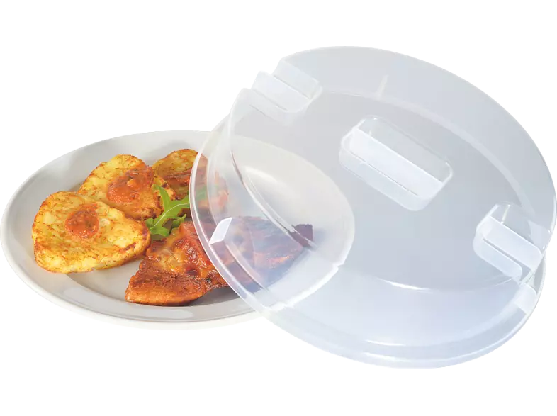 A white plate with golden fried potato slices with tomato sauce, covered with a clear plastic lid.