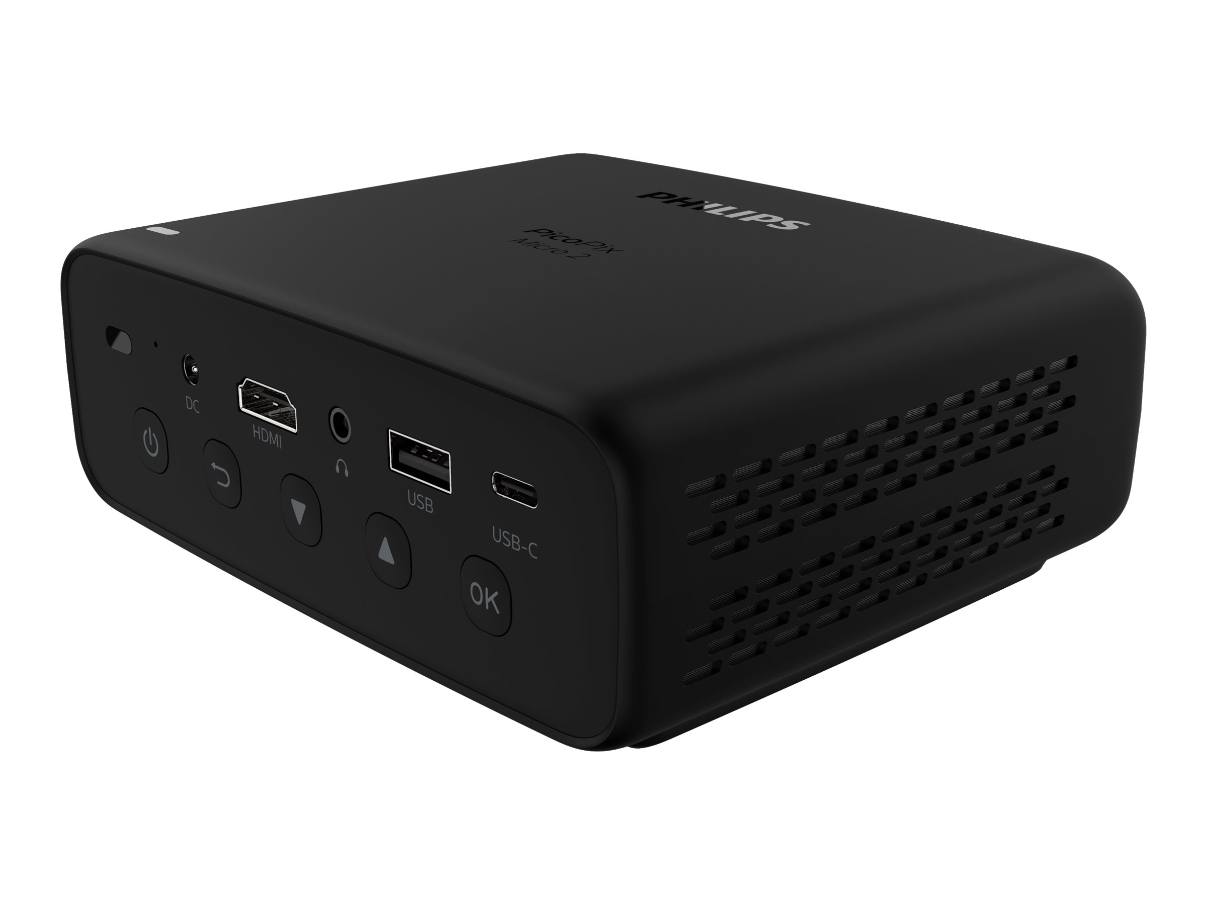 Zwarte Philips-projector, zijaanzicht. Hij heeft meerdere poorten: DC, HDMI, USB en USB-C, met knoppen.