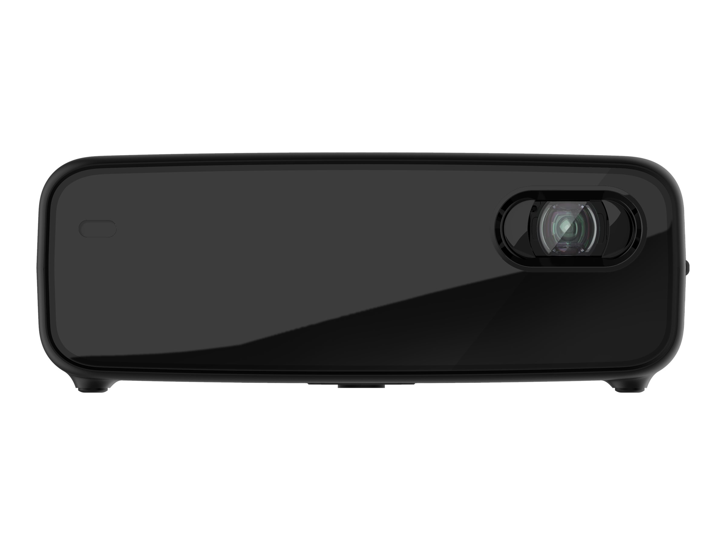 Zwarte projector met lens. De projector staat op een witte achtergrond.