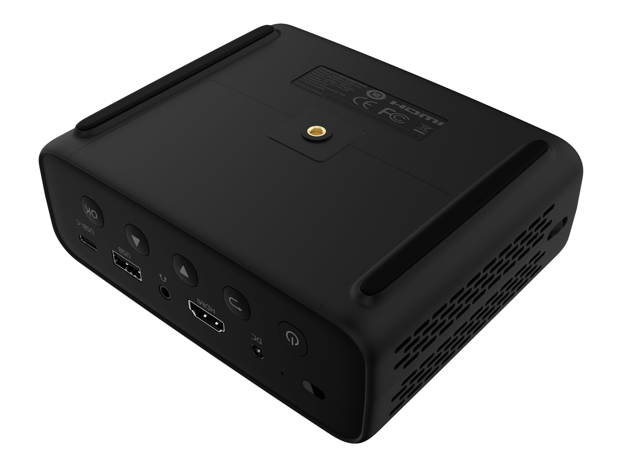 Kleine zwarte projector met knoppen en poorten, gezien vanuit een hoek.