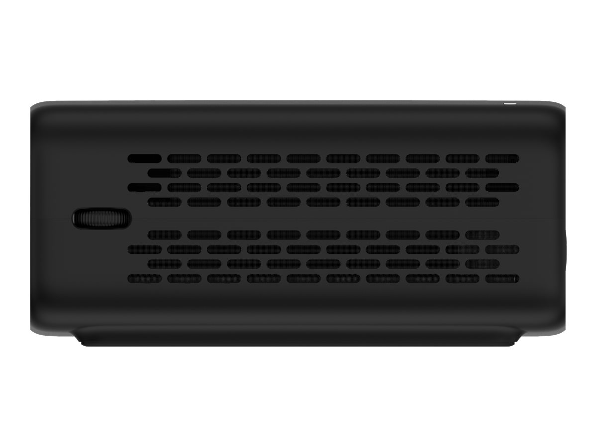 Een zwarte projector met ventilatiegaten en een bedieningsknop.