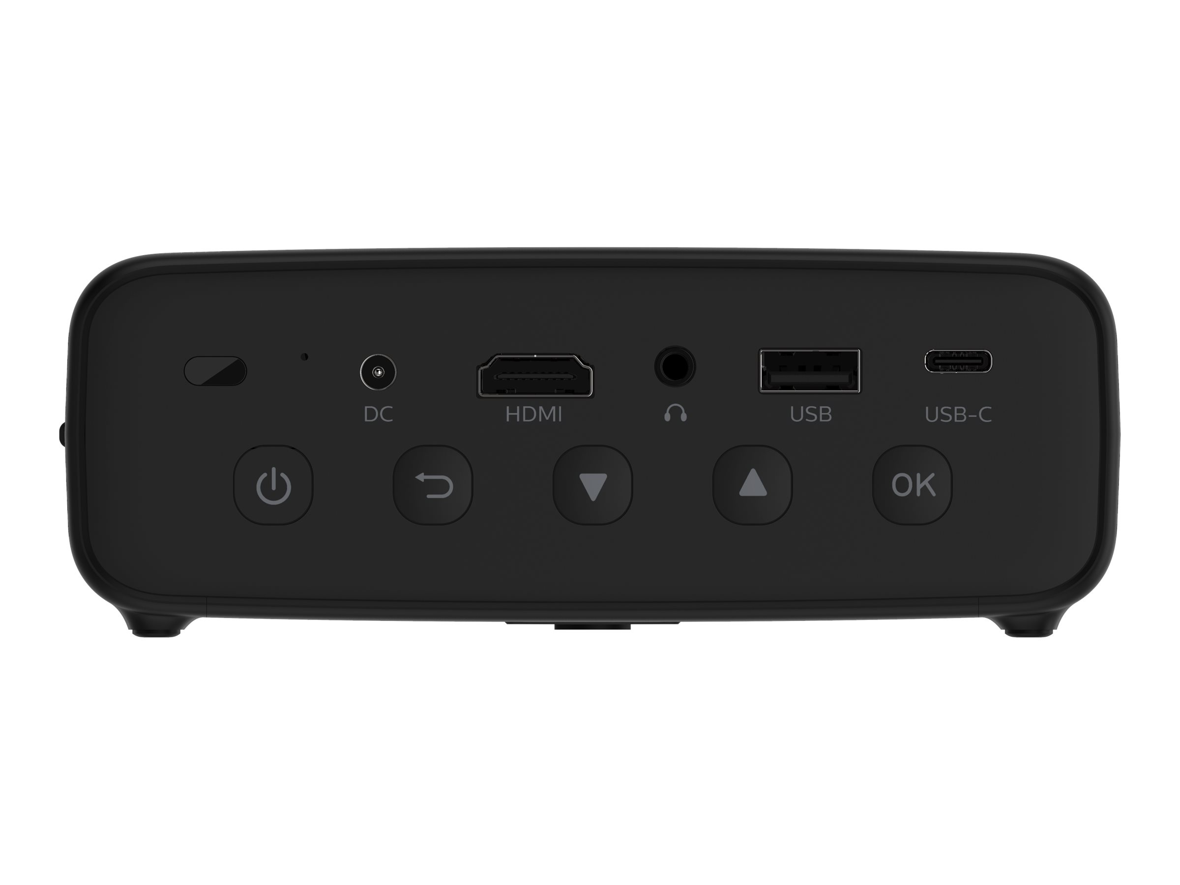 Zwart apparaat met verschillende poorten en knoppen, waaronder voeding, HDMI, USB en USB-C.