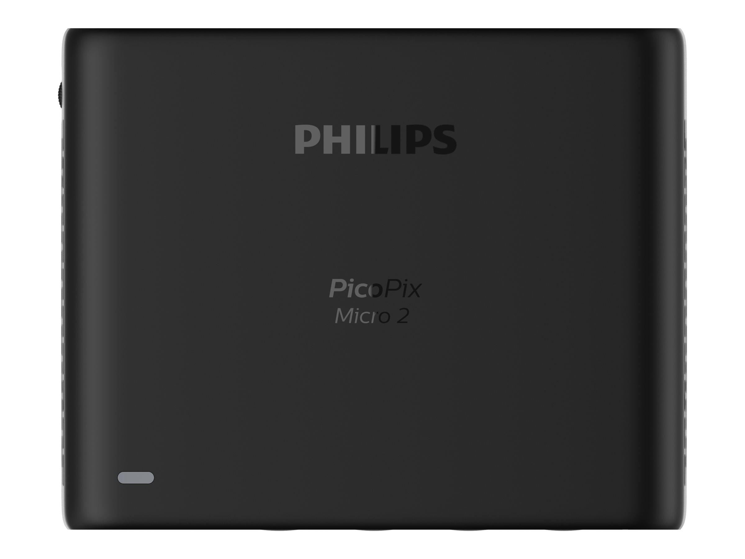 Een zwarte rechthoek met een kleine witte cirkel aan de onderkant. De tekst 'PHILIPS' staat erop.