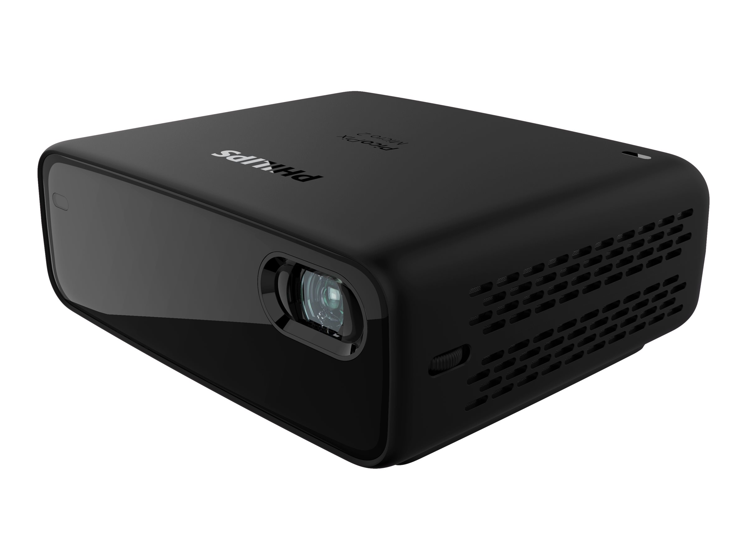 Een zwarte Philips-projector met een lens en ventilatieopeningen, tegen een witte achtergrond.