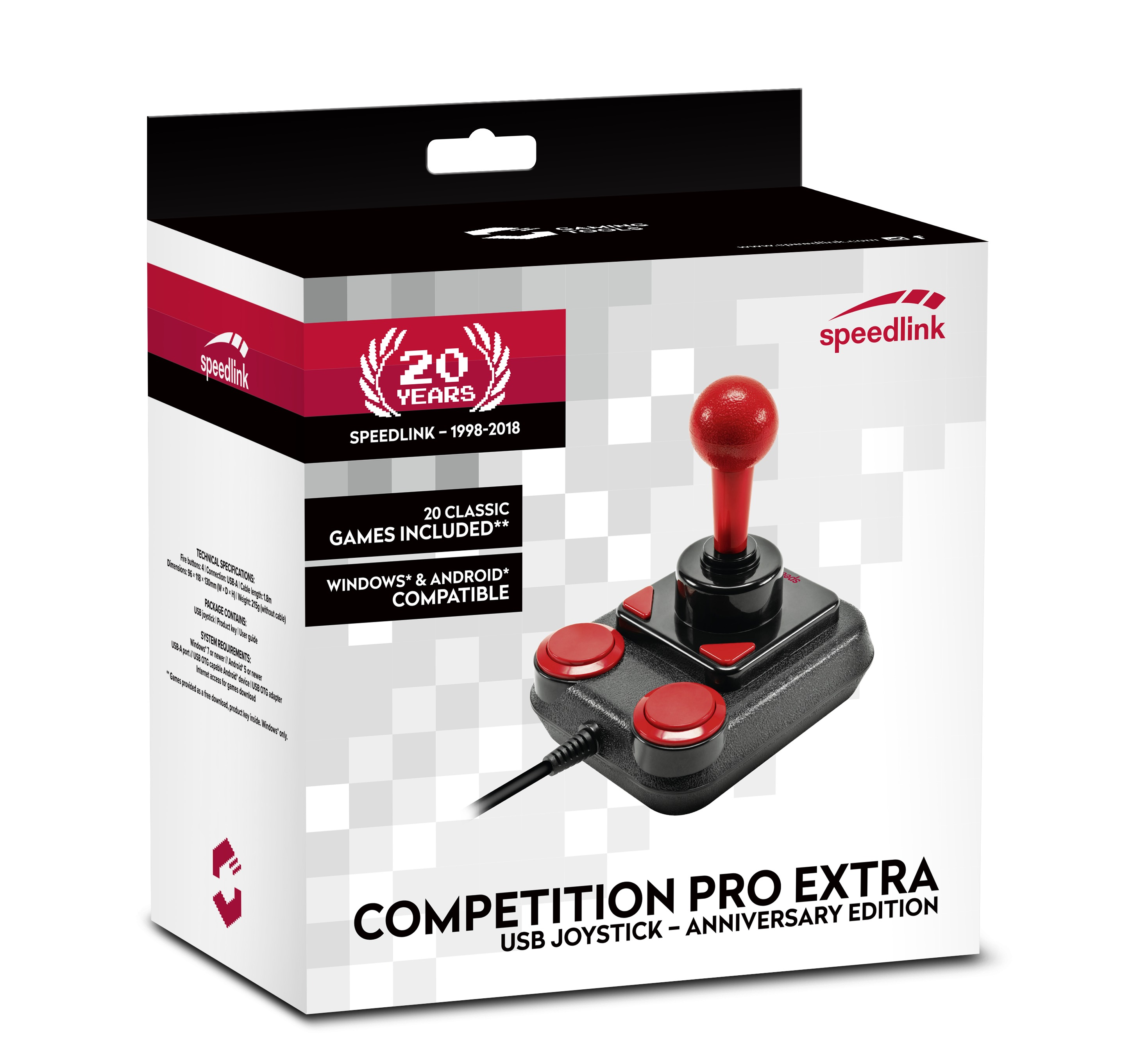 Competition Pro Extra USB Joystick Box. Schwarzer und roter Joystick mit roter Kugel.