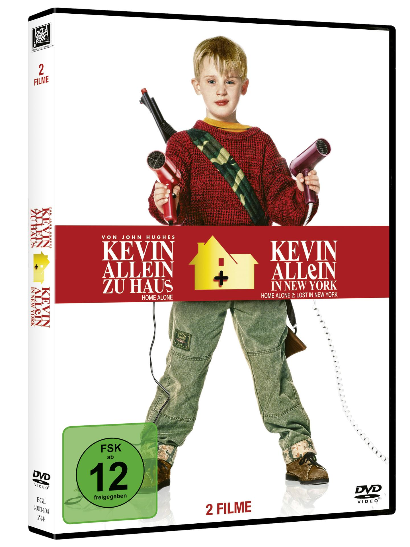 DVD-Cover: Ein Junge mit einer Waffe und zwei Haartrocknern. Text: 'Home Alone'.