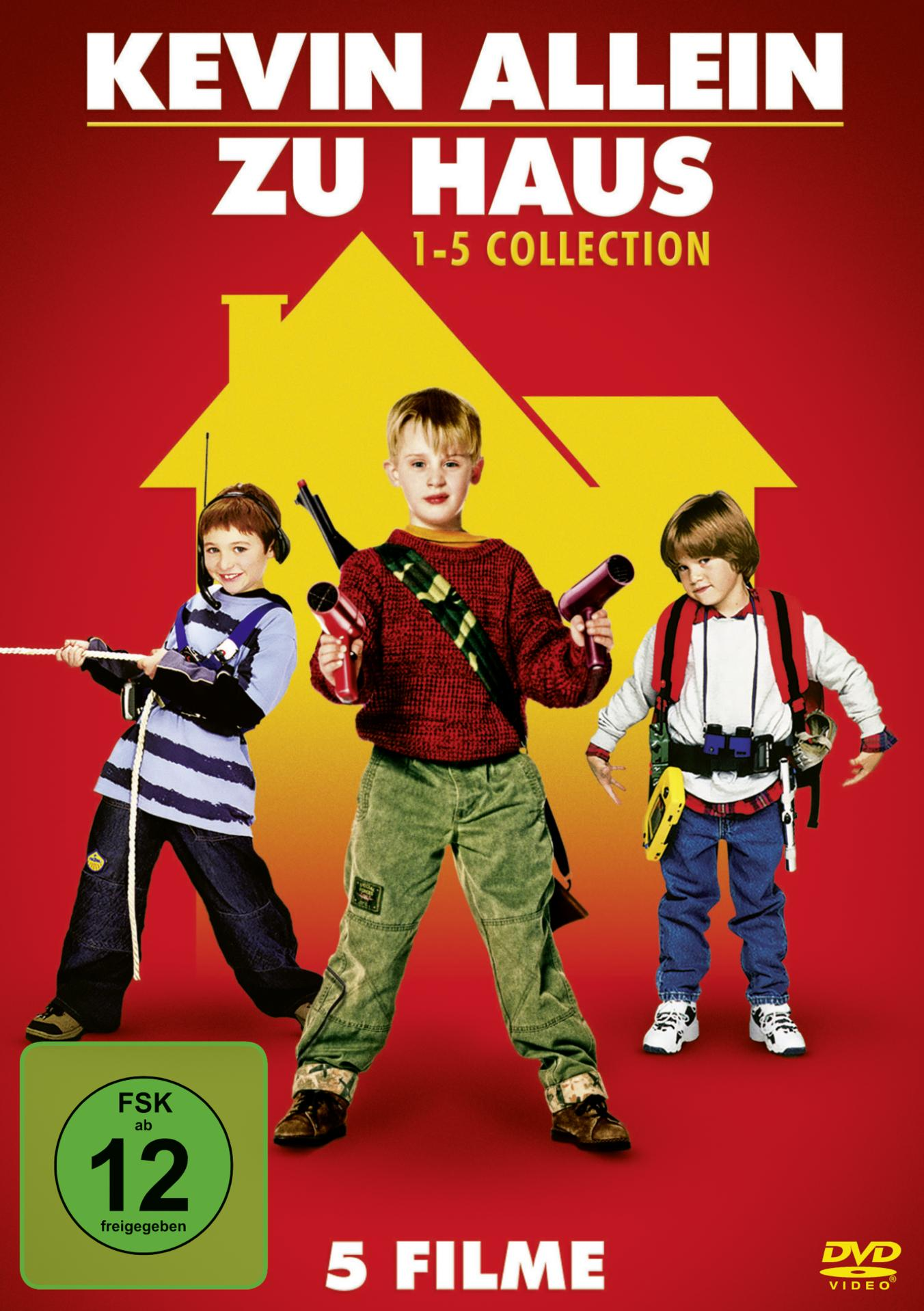 DVD-Cover mit drei Kindern, die Spielzeugwaffen halten, roter Hintergrund und gelbes Haus.
